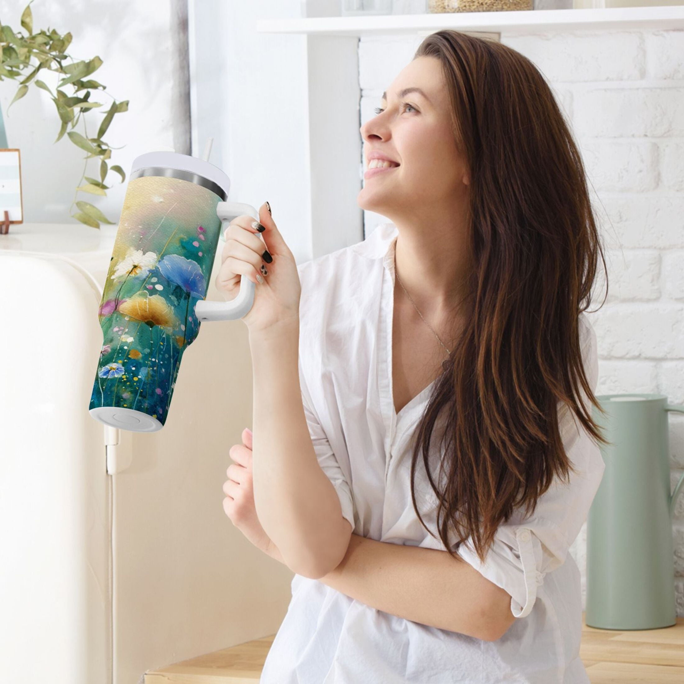 30 oz Insulated Stainless Steel Tumbler Double Wall Stainless Steel Tumbler with 2-Way Drinking Watercolor Wildflowers Edition-85KE