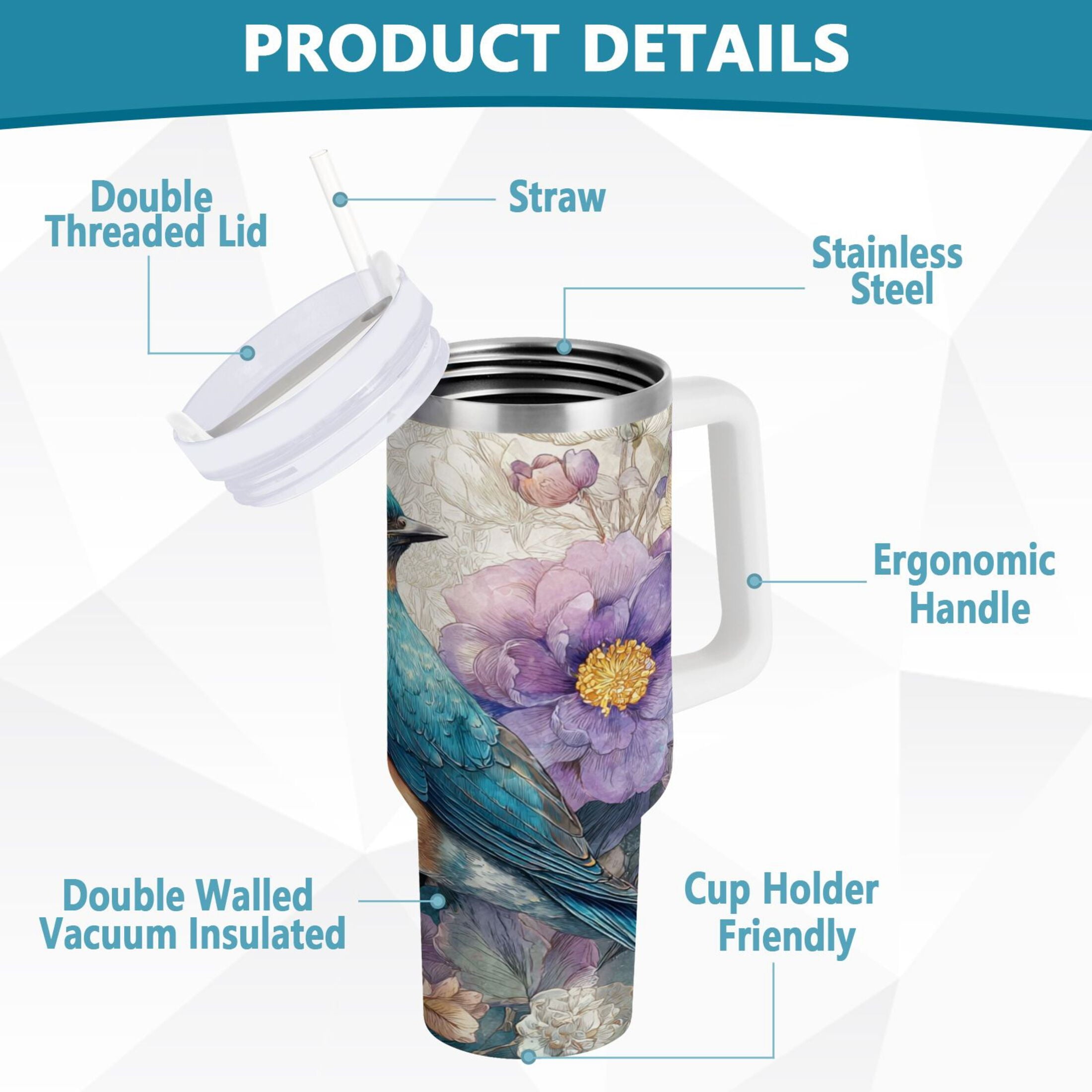 30 oz Insulated Stainless Steel Tumbler Double Wall Stainless Steel Tumbler with 2-Way Drinking Bluebird and Flower Edition-Q4FO