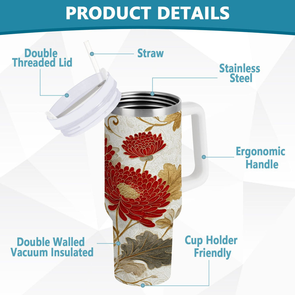 30 oz Insulated Stainless Steel Tumbler Double Wall Stainless Steel Tumbler with 2-Way Drinking Red Chrysanthemum Pattern Edition-ETUM