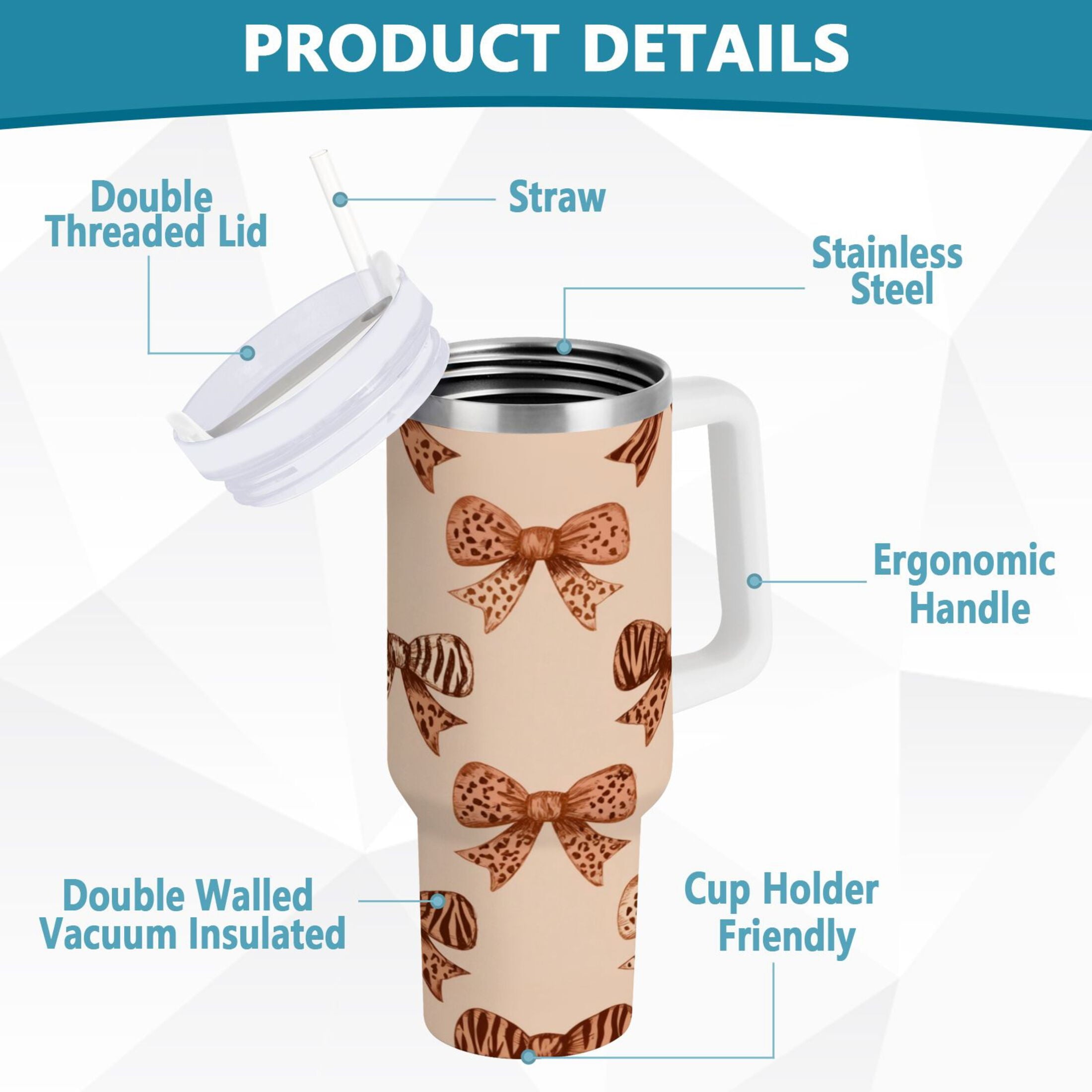40 oz Insulated Stainless Steel Tumbler Double Wall Stainless Steel Tumbler with 2-Way Drinking Leopard Print Bow Edition-KO3I
