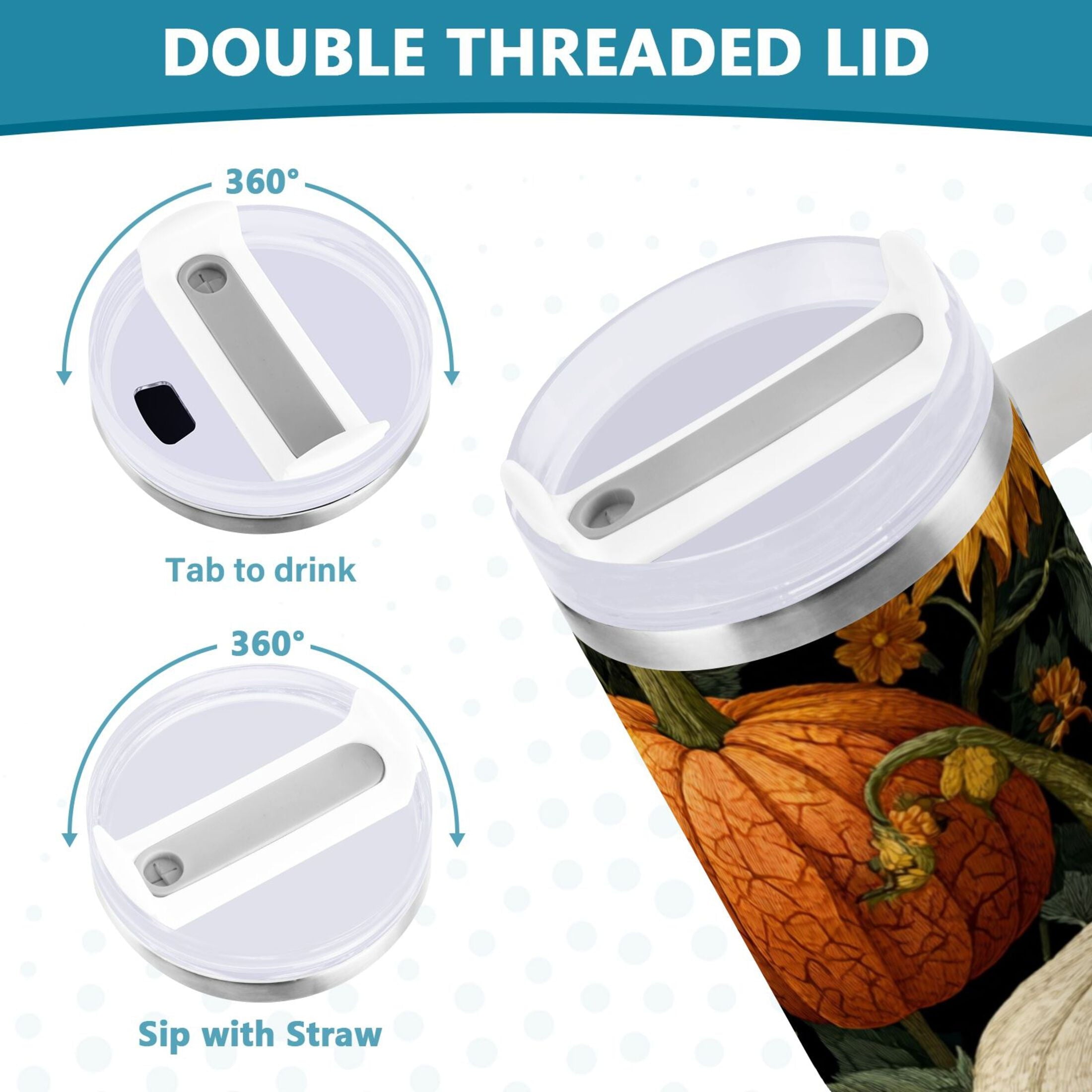 40 oz Insulated Stainless Steel Tumbler Double Wall Stainless Steel Tumbler with 2-Way Drinking Pumpkins and Sunflowers Pattern Edition-HSMJ