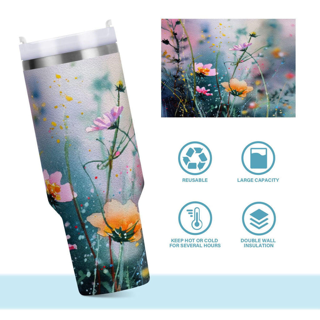 40 oz Insulated Stainless Steel Tumbler Double Wall Stainless Steel Tumbler with 2-Way Drinking Abstract Wildflowers Edition-MI0C