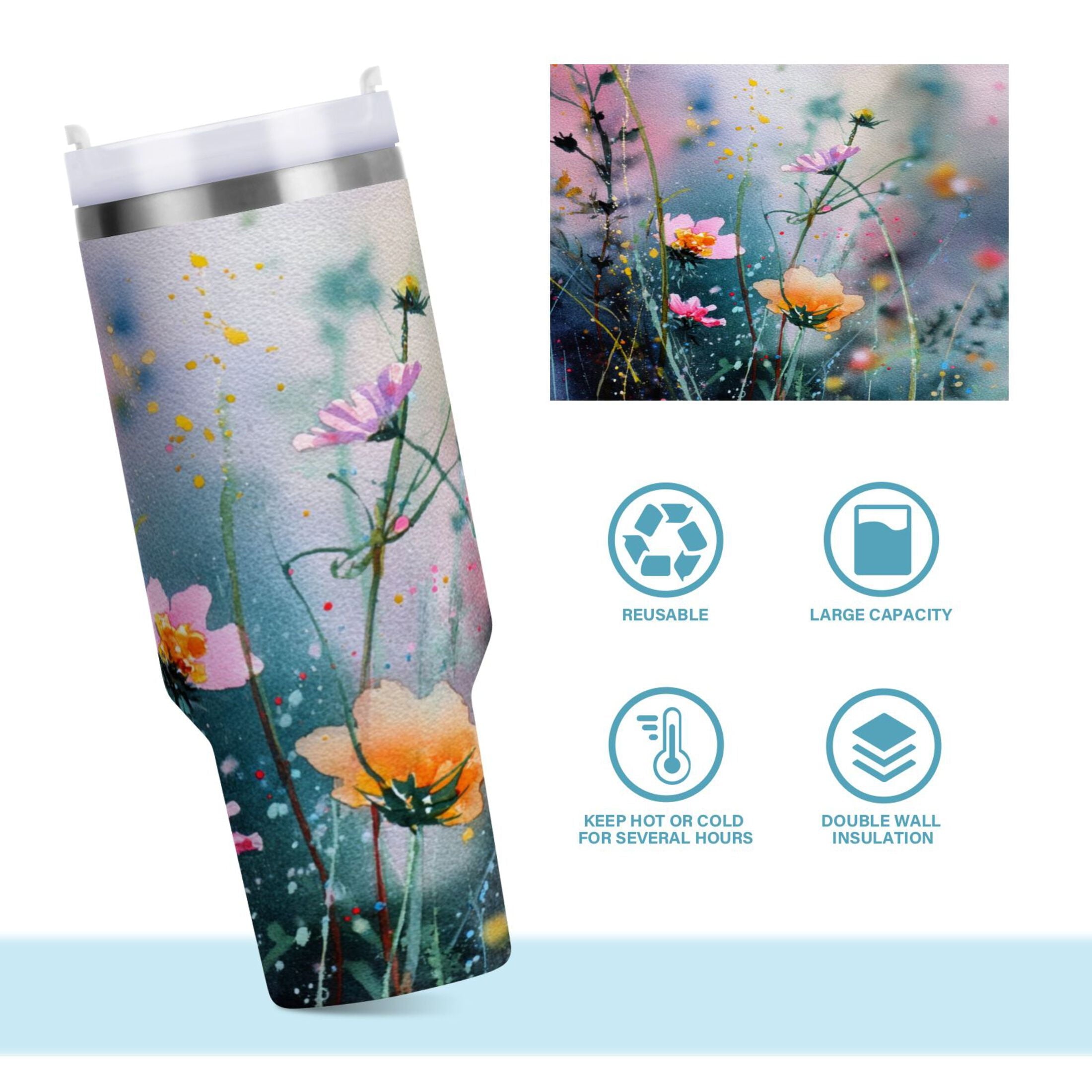 40 oz Insulated Stainless Steel Tumbler Double Wall Stainless Steel Tumbler with 2-Way Drinking Abstract Wildflowers Edition-MI0C