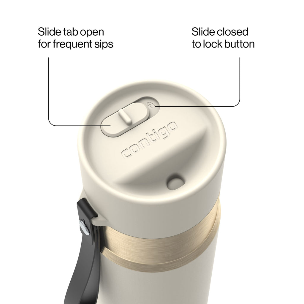 Contigo AutoSeal Leakproof Stainless Steel Reusable Water Bottle Tumbler with Carrying Strap, Cream/Champagne, 24 oz Edition-EMYX