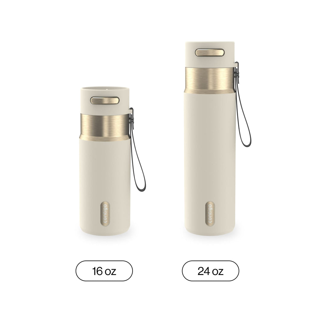 Contigo AutoSeal Leakproof Stainless Steel Reusable Water Bottle Tumbler with Carrying Strap, Cream/Champagne, 24 oz Edition-EMYX