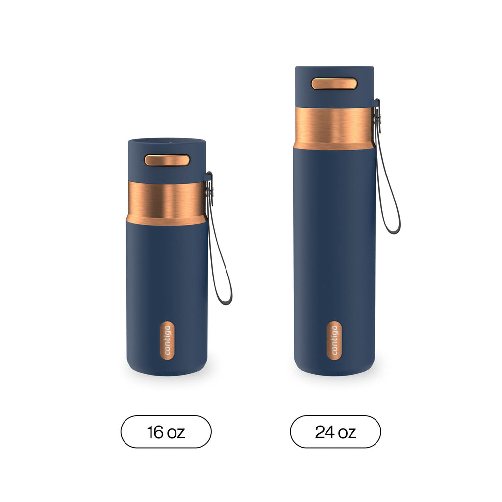 Contigo AutoSeal Leakproof Stainless Steel Reusable Water Bottle Tumbler with Carrying Strap, Cream/Champagne, 24 oz Edition-EMYX