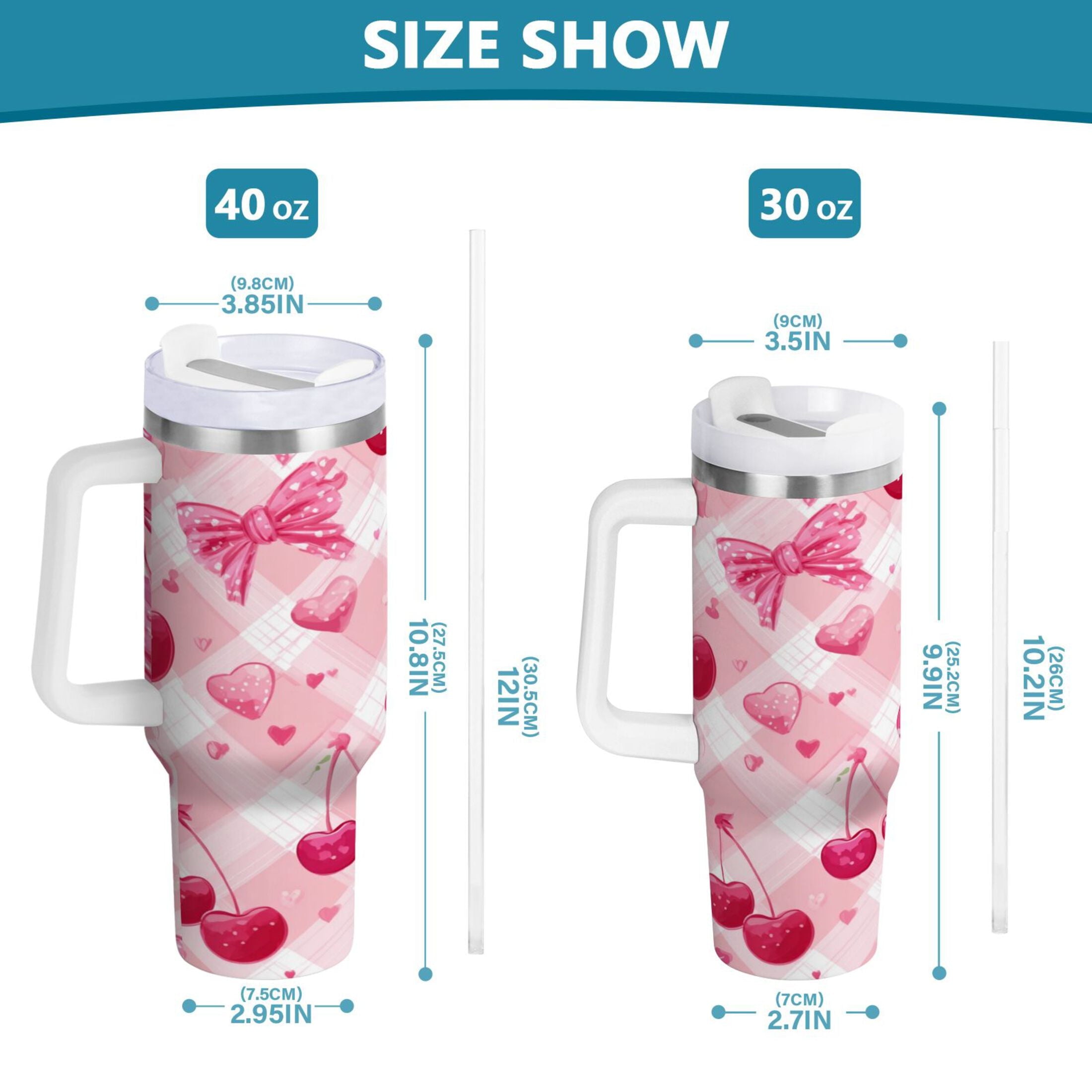 30 oz Insulated Stainless Steel Tumbler Double Wall Stainless Steel Tumbler with 2-Way Drinking Cherry and Pink Bow Pattern Edition-1632