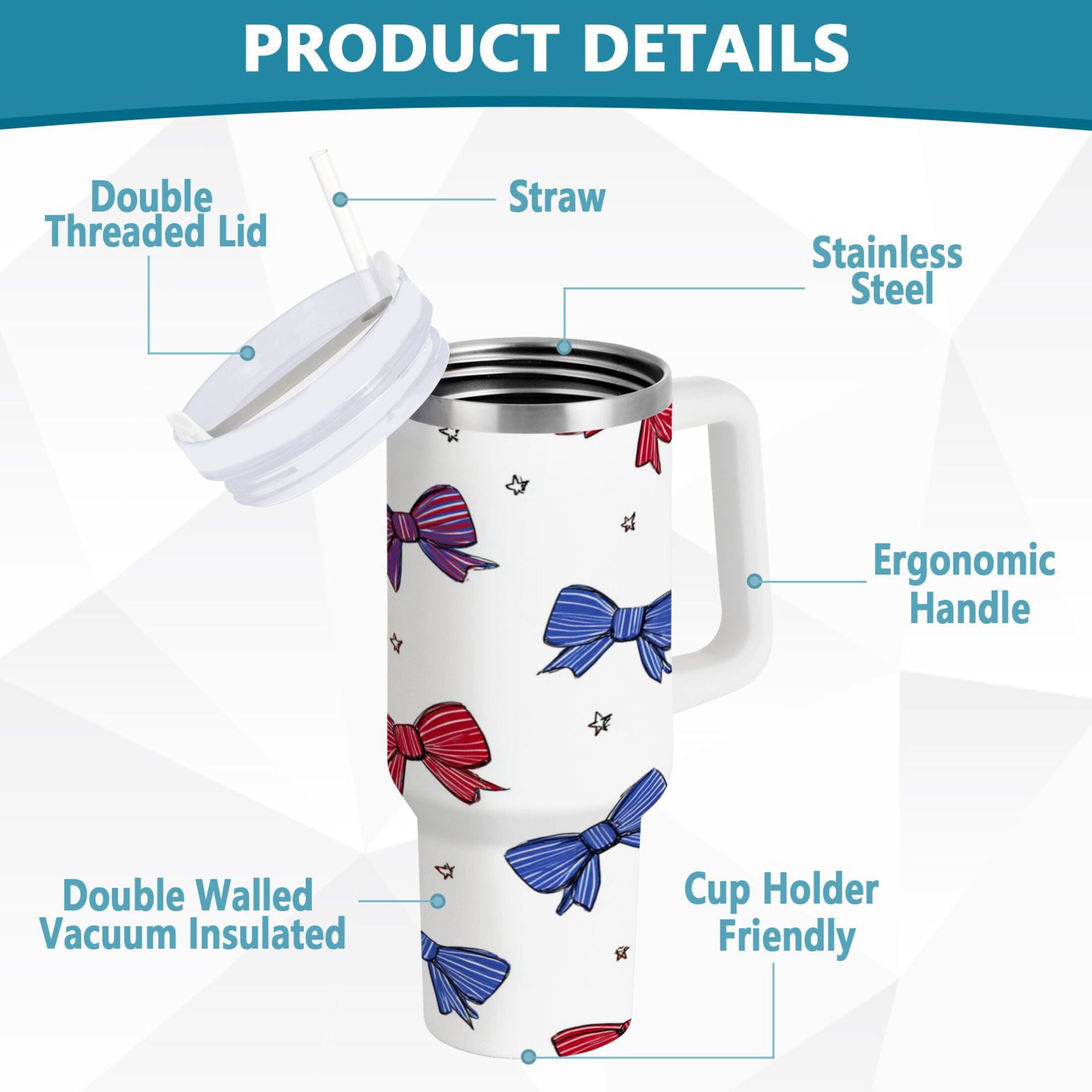 30 oz Insulated Stainless Steel Tumbler Double Wall Stainless Steel Tumbler with 2-Way Drinking Red and Blue Stripe Bows Edition-AYU6