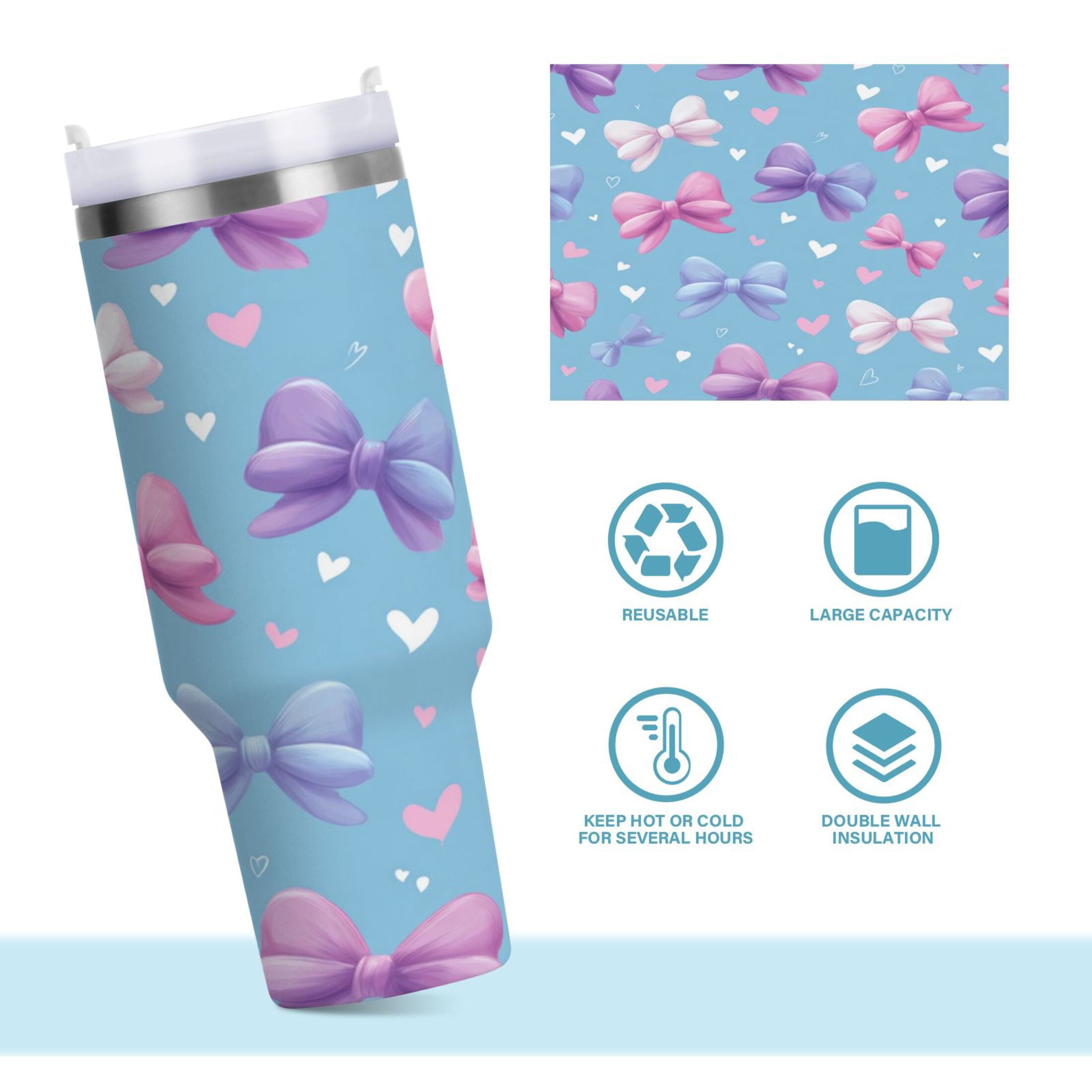 30 oz Insulated Stainless Steel Tumbler Double Wall Stainless Steel Tumbler with 2-Way Drinking Pink and Purple Bows Edition-NYJ5
