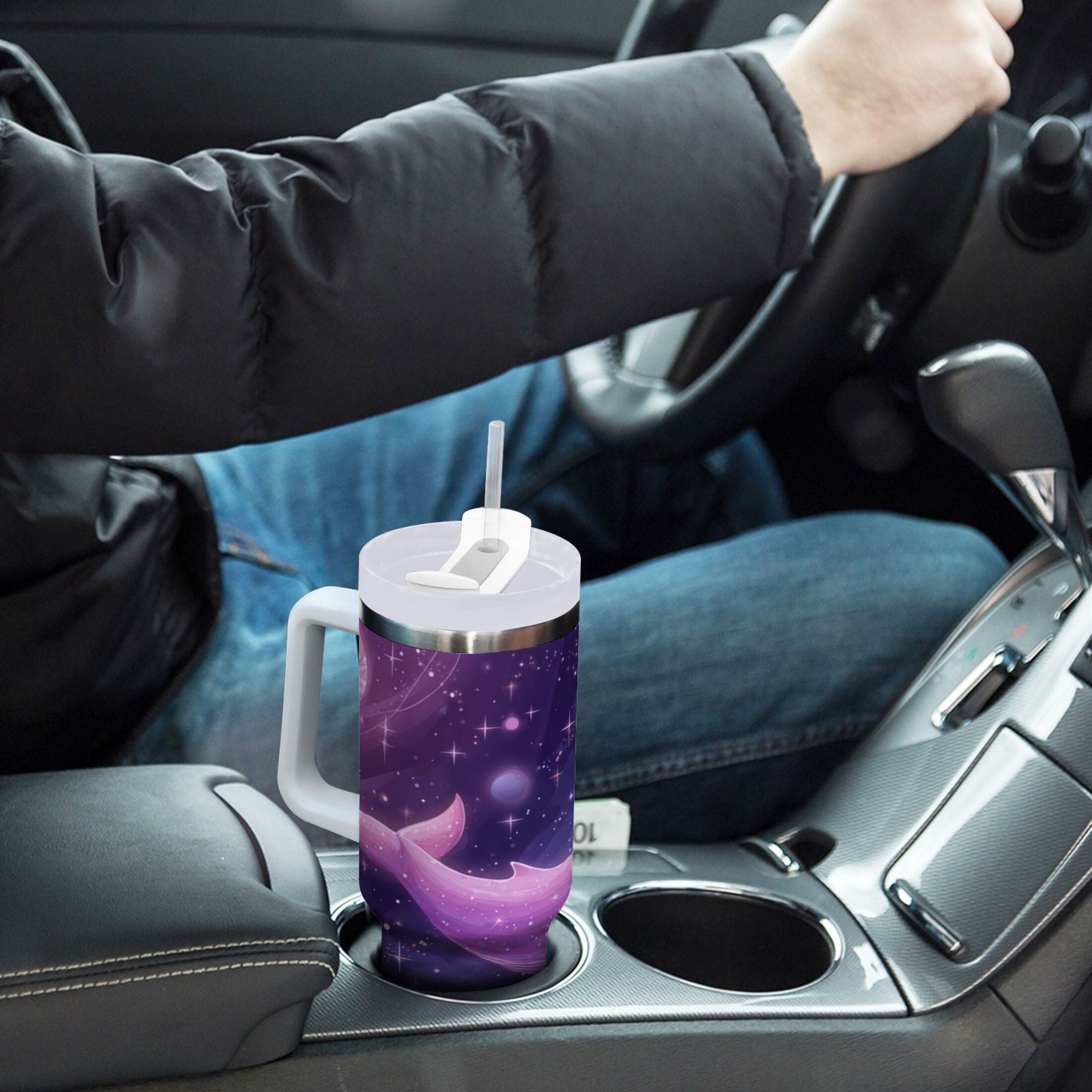 30 oz Insulated Stainless Steel Tumbler Double Wall Stainless Steel Tumbler with 2-Way Drinking Whale in Space Edition-PWO0