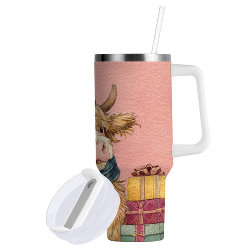 30 oz Insulated Stainless Steel Tumbler Double Wall Stainless Steel Tumbler with 2-Way Drinking Cow Wearing Scarf and Hat Edition-HLJO
