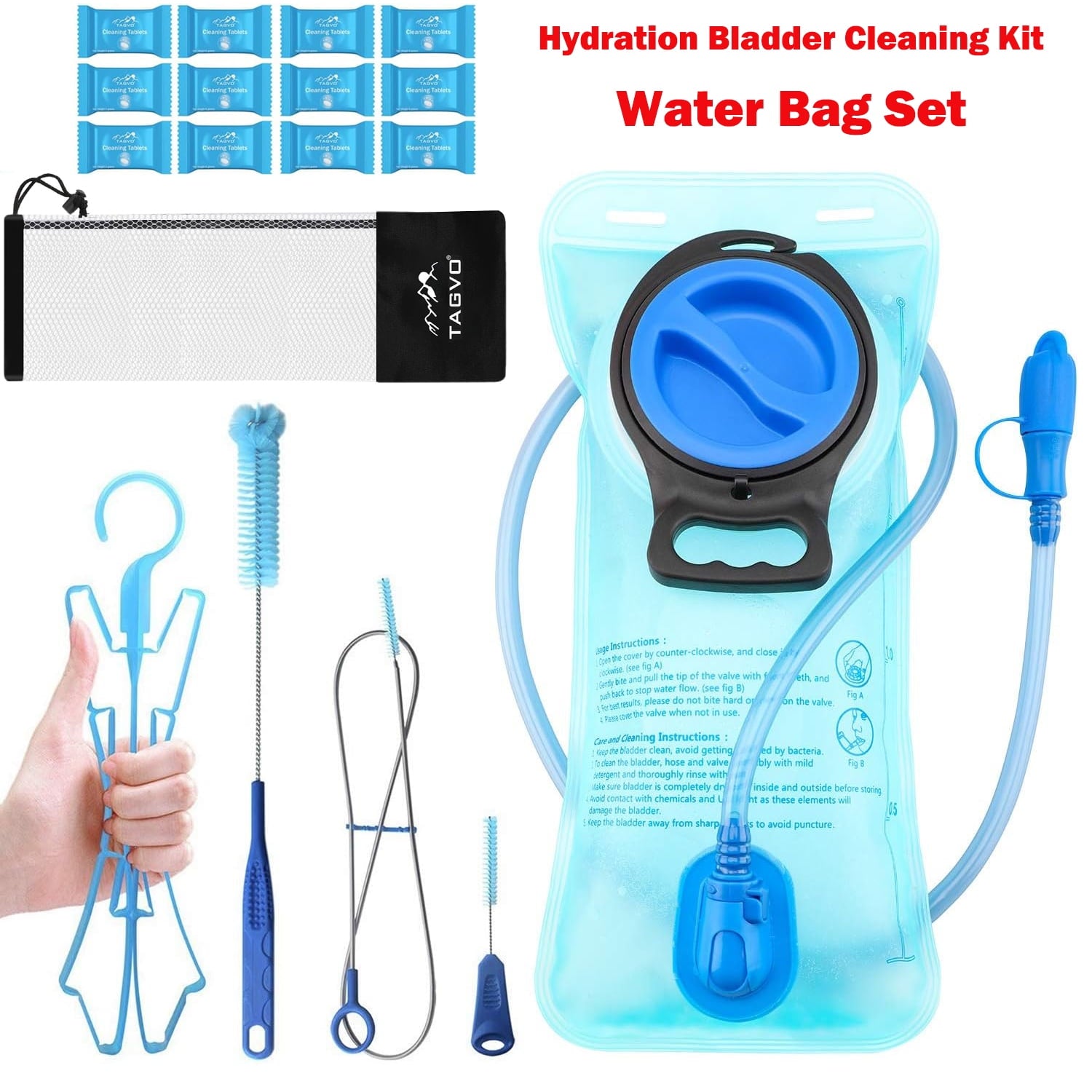 TAGVO Hydration Bladder 2 Liter BPA Free 70oz + Cleaning Brushes Kit, Leakproof Water Bladder Travel Reservoir Hydration Bag, Easy Cleaning by 3 Brushes and Air Drying by Collapsible Frame Edition-SAYN