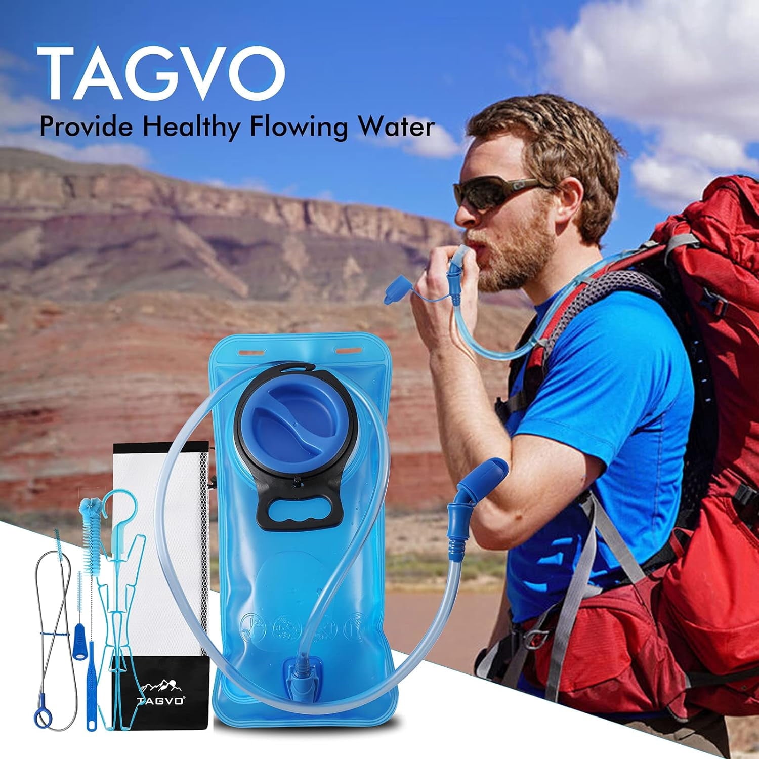 TAGVO Hydration Bladder 2 Liter BPA Free 70oz + Cleaning Brushes Kit, Leakproof Water Bladder Travel Reservoir Hydration Bag, Easy Cleaning by 3 Brushes and Air Drying by Collapsible Frame Edition-SAYN