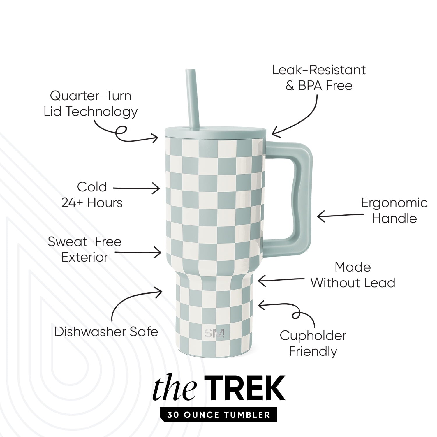 Simple Modern 30 fl oz Insulated Stainless Steel Trek Tumbler with Straw Lid | Seaglass Sage and Cream Checkmate Edition-16A6
