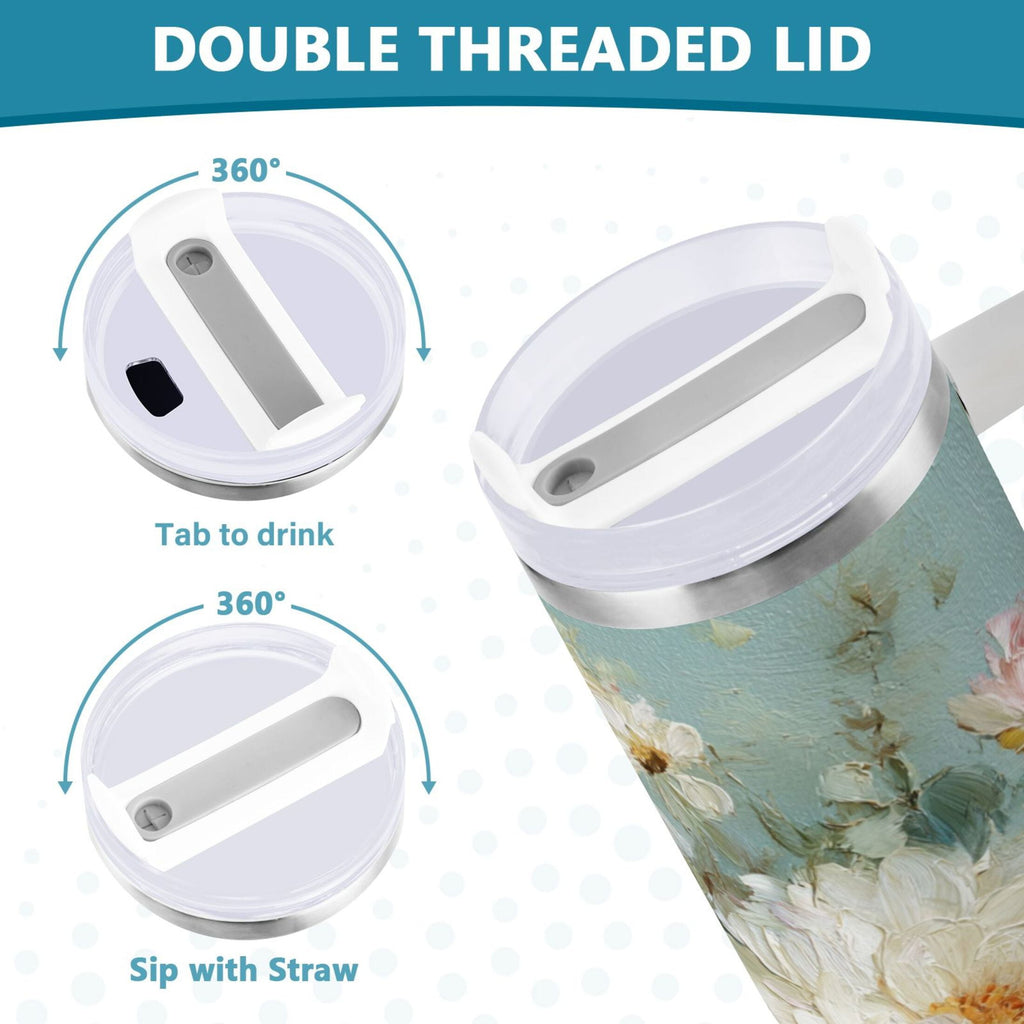 40 oz Insulated Stainless Steel Tumbler Double Wall Stainless Steel Tumbler with 2-Way Drinking Vintage Peonies and Daisies Edition-D83F