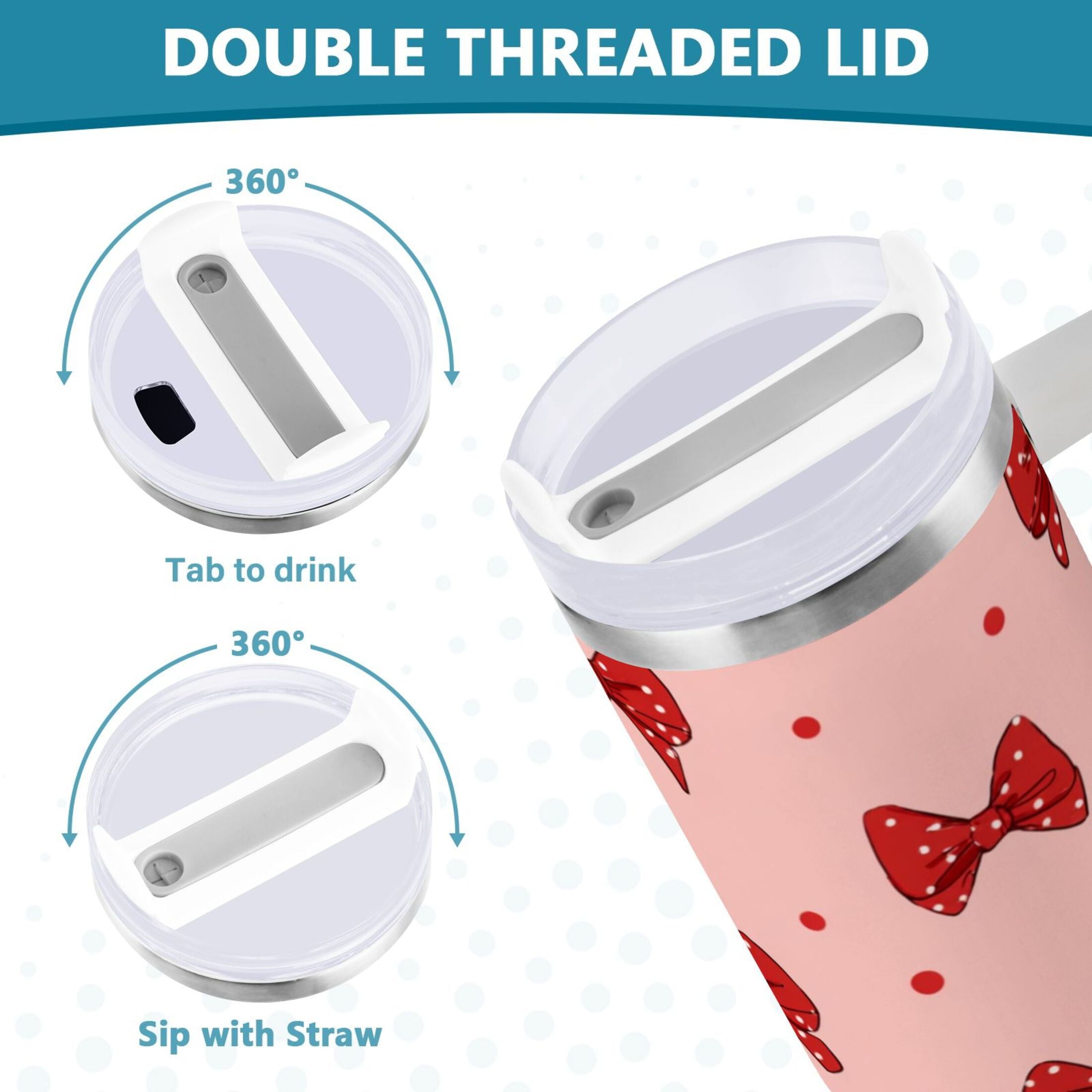 40 oz Insulated Stainless Steel Tumbler Double Wall Stainless Steel Tumbler with 2-Way Drinking Red Bows and Polka Dots Edition-RGW3
