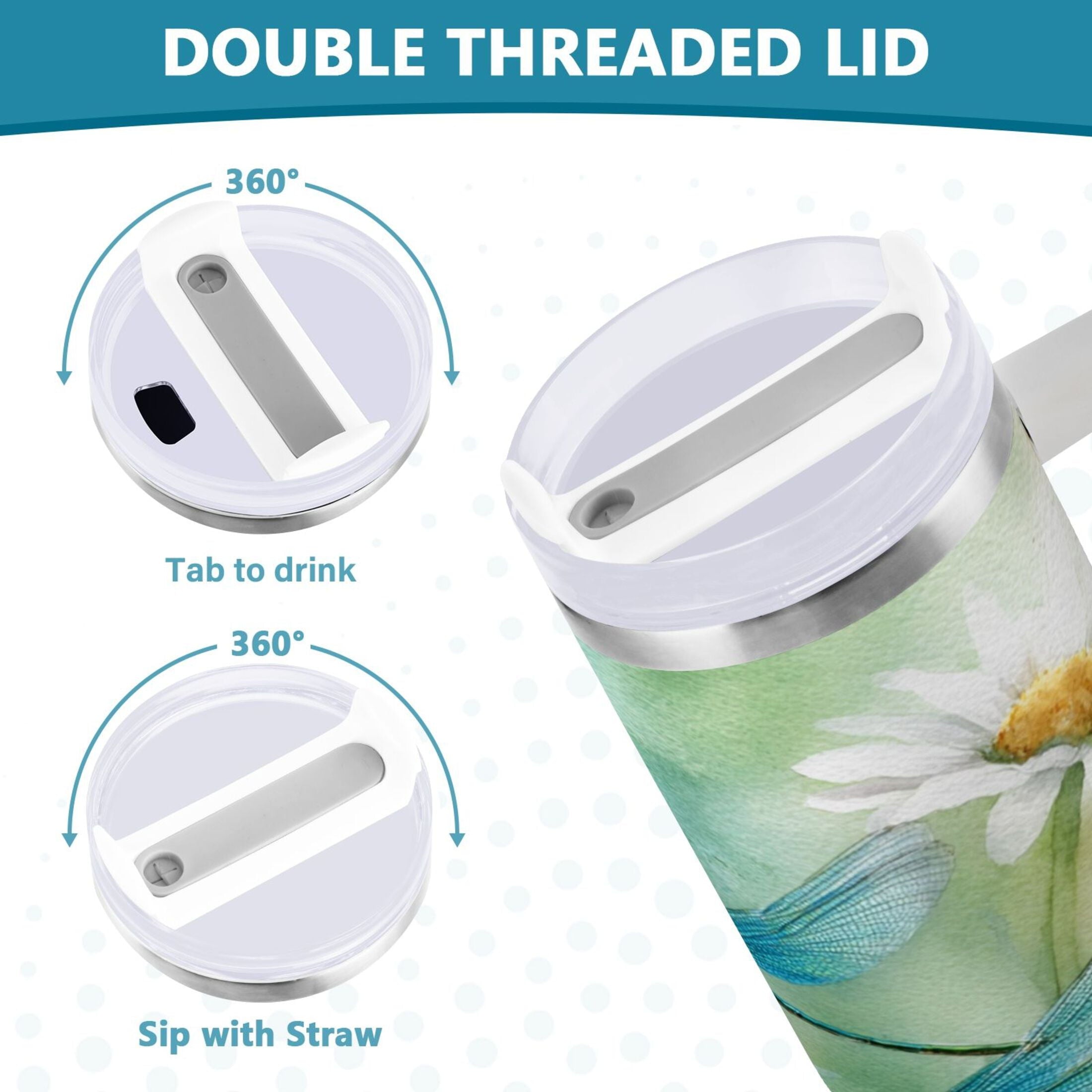 30 oz Insulated Stainless Steel Tumbler Double Wall Stainless Steel Tumbler with 2-Way Drinking Beautiful Dragonflies and Daisies Edition-LX77