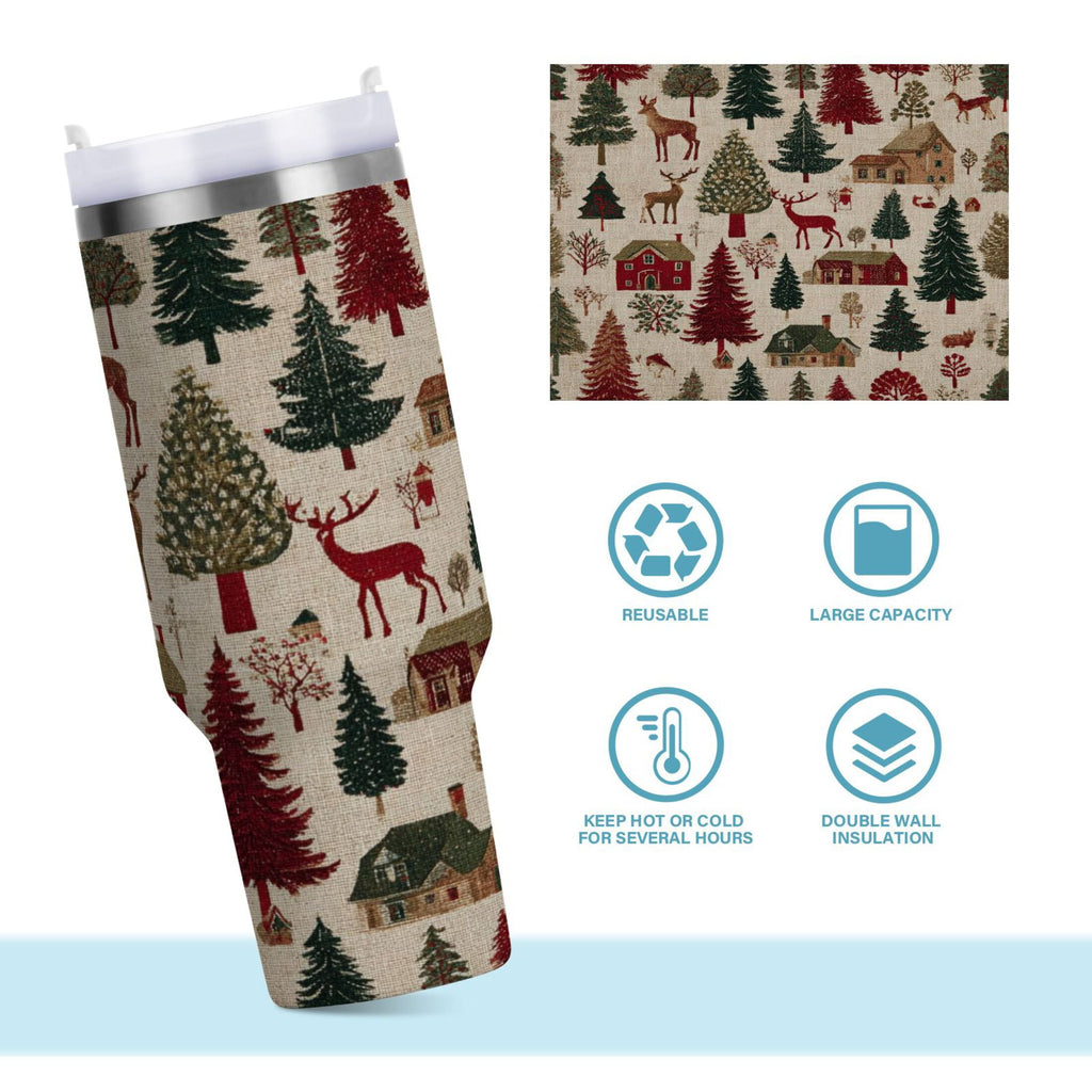 30 oz Insulated Stainless Steel Tumbler Double Wall Stainless Steel Tumbler with 2-Way Drinking Christmas Trees Deer and Houses Edition-KNJX