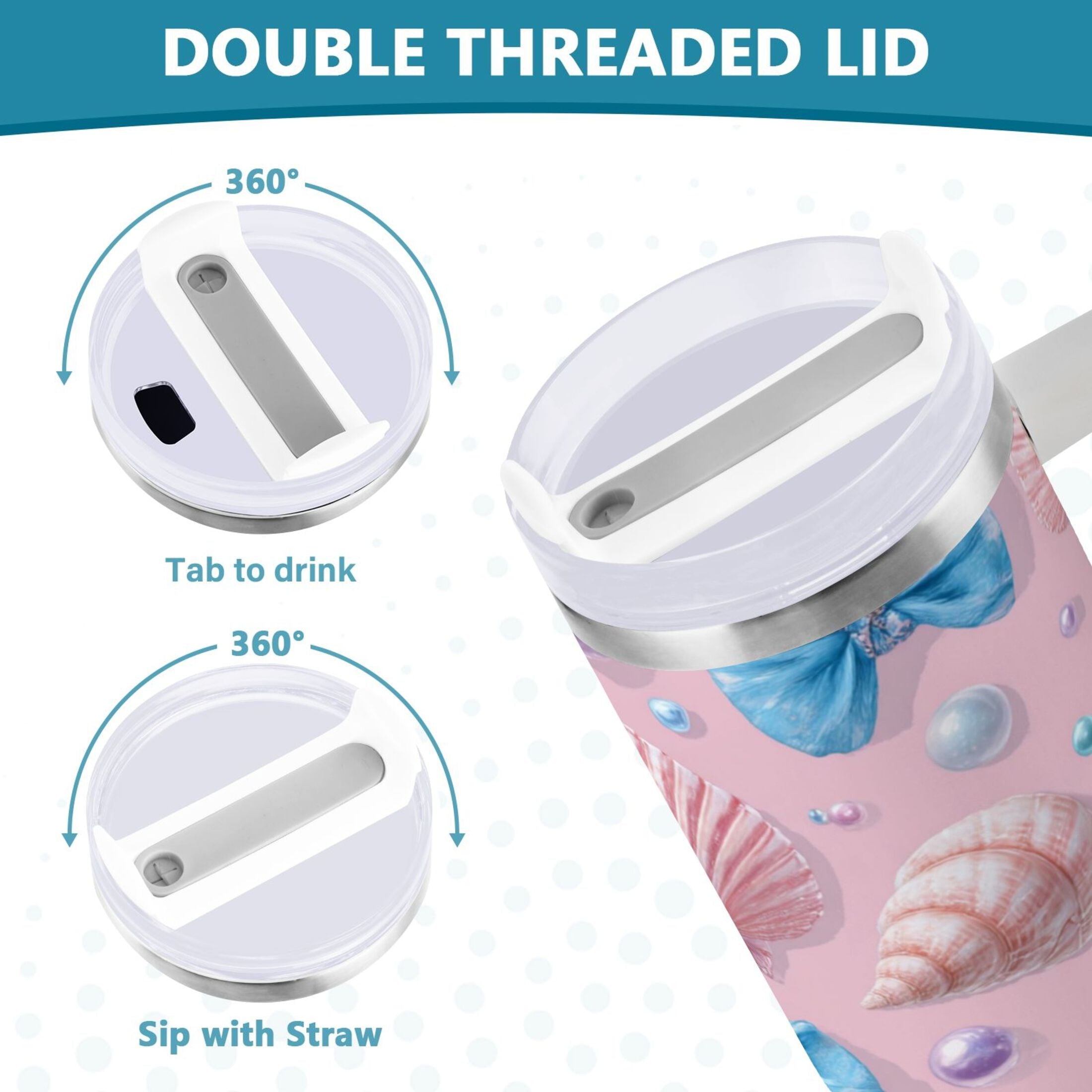 30 oz Insulated Stainless Steel Tumbler Double Wall Stainless Steel Tumbler with 2-Way Drinking Seashells and Bows Edition-2PW2