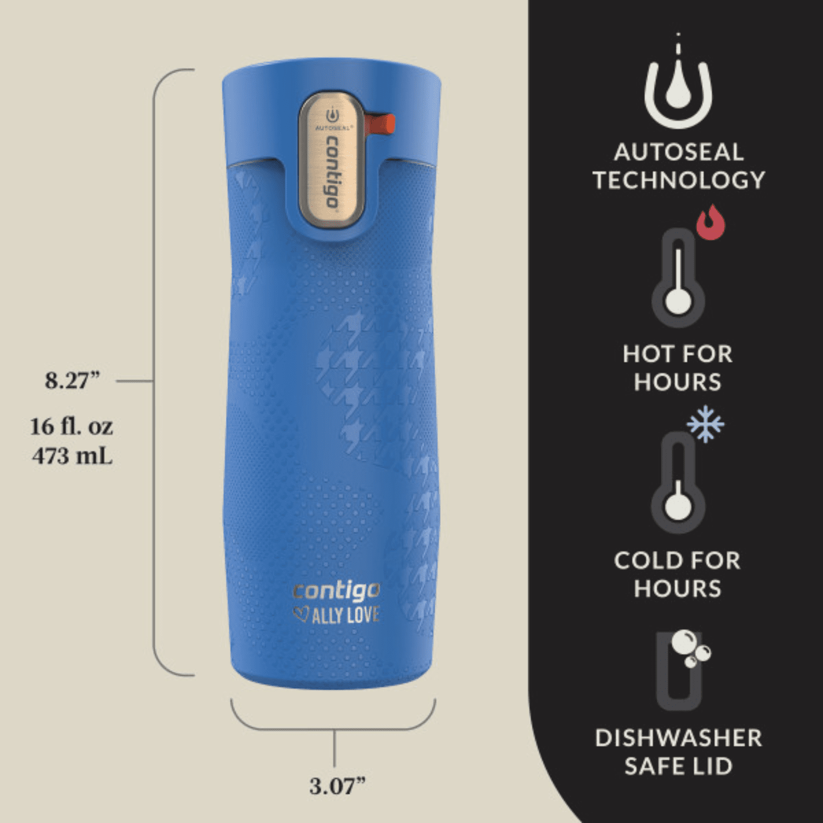Contigo x Ally Love Autoseal West Loop Vacuum-Insulated Stainless Steel Travel Mug with Easy-Clean Lid, 16 oz, Stellar Jay Edition-8MFZ