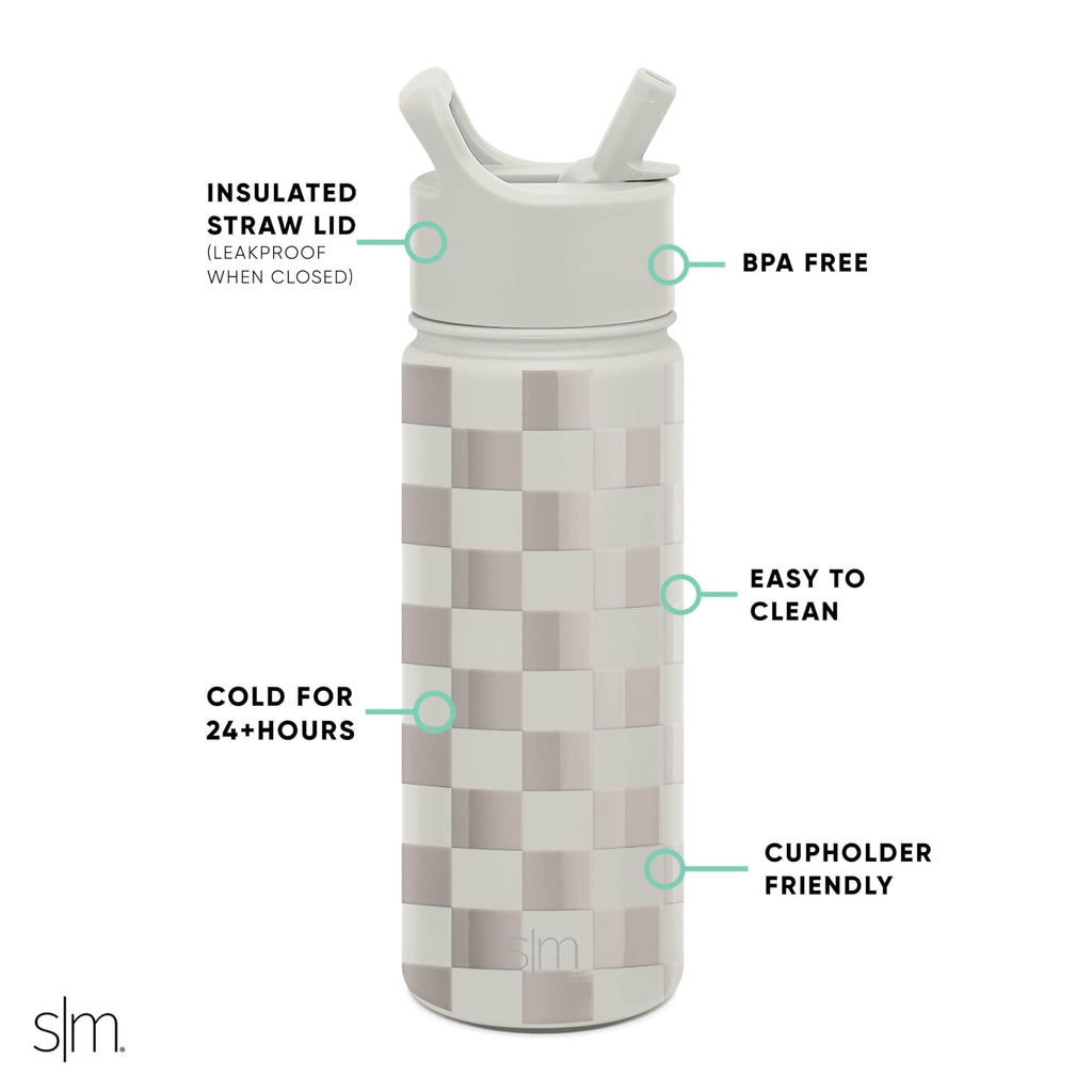 Simple Modern Kids Water Bottle with Straw Lid Vacuum Insulated Stainless Steel Metal Thermos Bottles | Reusable Leak Proof BPA-Free Flask for School | Summit Collection | 18oz, Checkmate Edition-Y7U4