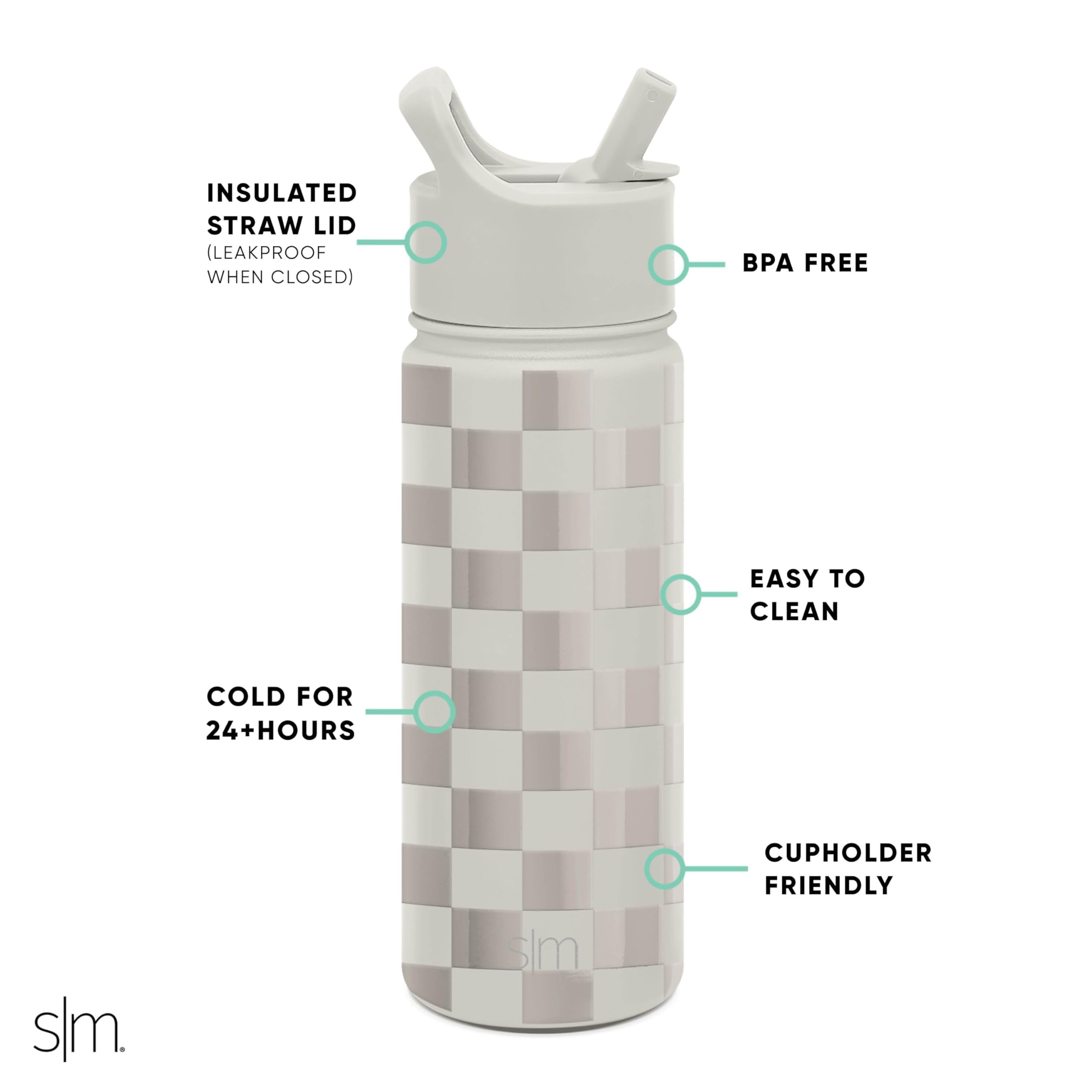 Simple Modern Kids Water Bottle with Straw Lid Vacuum Insulated Stainless Steel Metal Thermos Bottles | Reusable Leak Proof BPA-Free Flask for School | Summit Collection | 18oz, Checkmate Edition-Y7U4