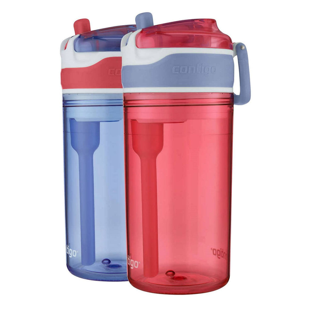 Contigo Kids 2-in-1 Snack Hero Tumbler Featuring 4oz Snack Holder Stacked on Top of 13oz Water Bottle - BPA Free, Durable Tritan w/Flexible Carry Handle &amp; Spill-Proof Valve, Purple &amp; Pink – 2 Pack Edition-H6NM