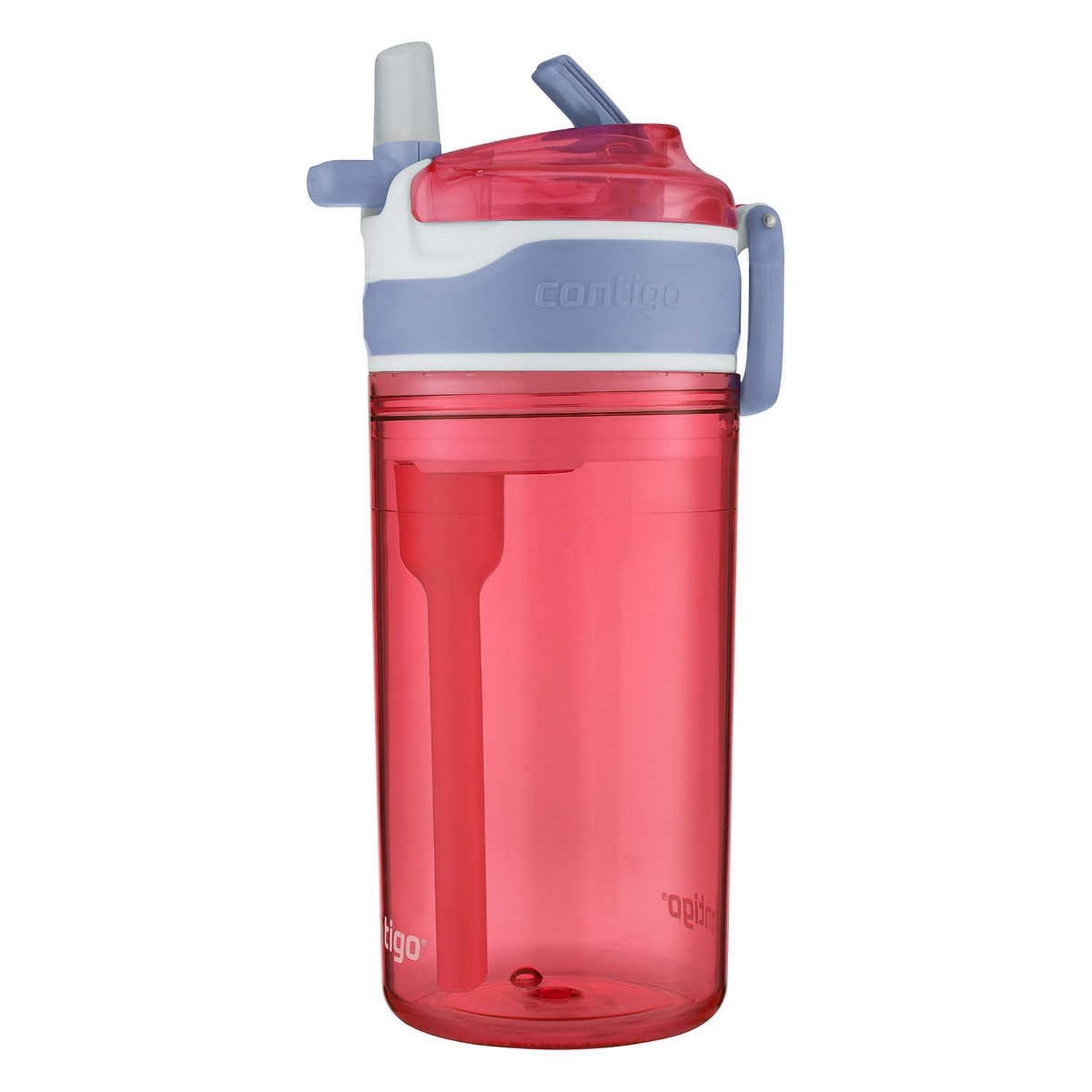 Contigo Kids 2-in-1 Snack Hero Tumbler Featuring 4oz Snack Holder Stacked on Top of 13oz Water Bottle - BPA Free, Durable Tritan w/Flexible Carry Handle &amp; Spill-Proof Valve, Purple &amp; Pink – 2 Pack Edition-H6NM