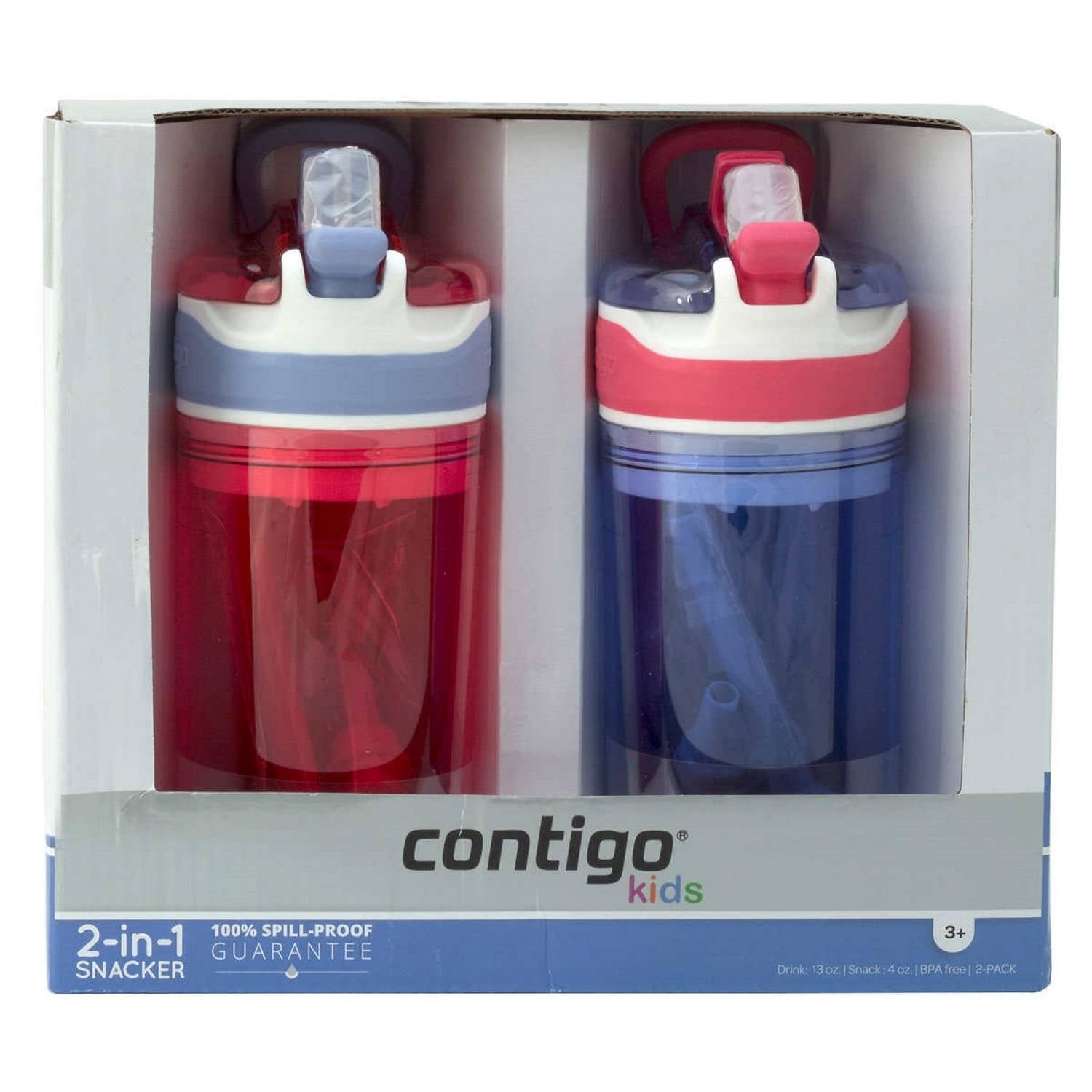 Contigo Kids 2-in-1 Snack Hero Tumbler Featuring 4oz Snack Holder Stacked on Top of 13oz Water Bottle - BPA Free, Durable Tritan w/Flexible Carry Handle &amp; Spill-Proof Valve, Purple &amp; Pink – 2 Pack Edition-H6NM
