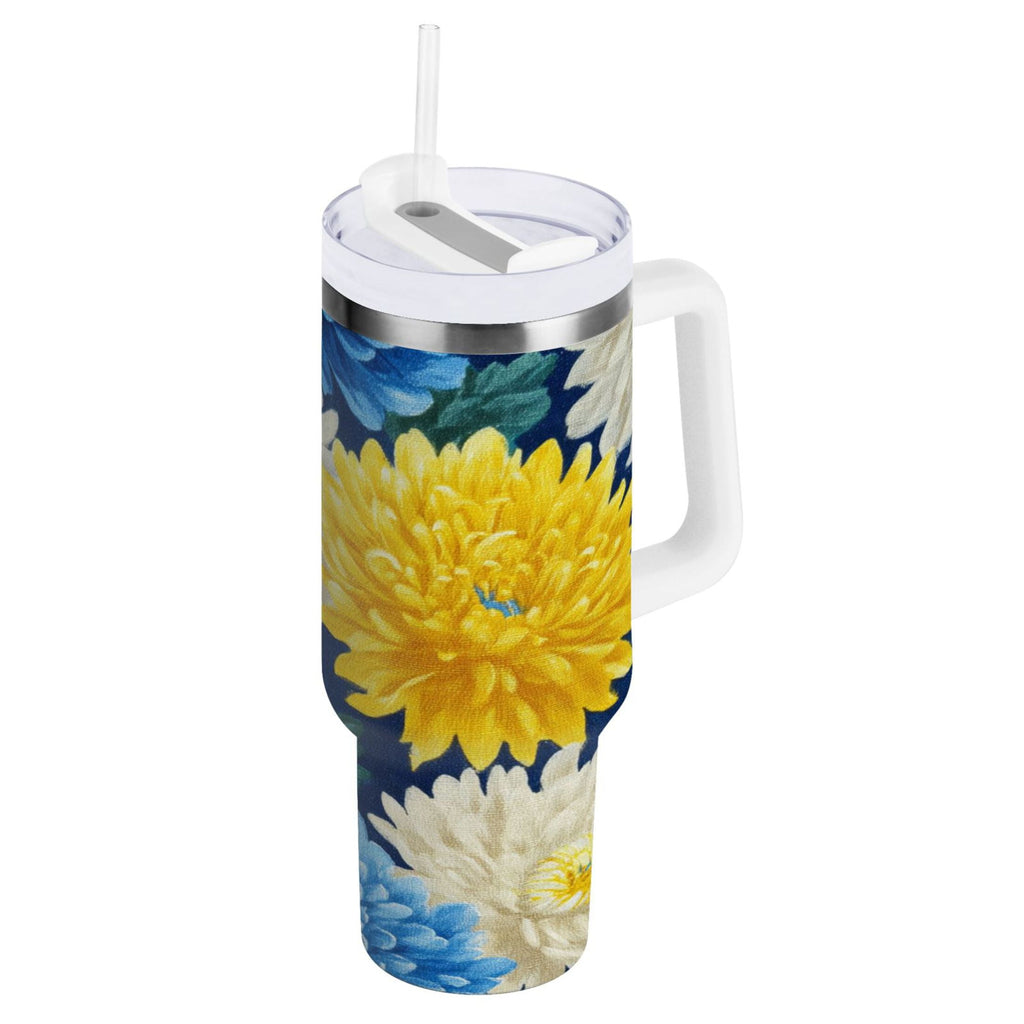 30 oz Insulated Stainless Steel Tumbler Double Wall Stainless Steel Tumbler with 2-Way Drinking Yellow and White Chrysanthemum Edition-U4C6