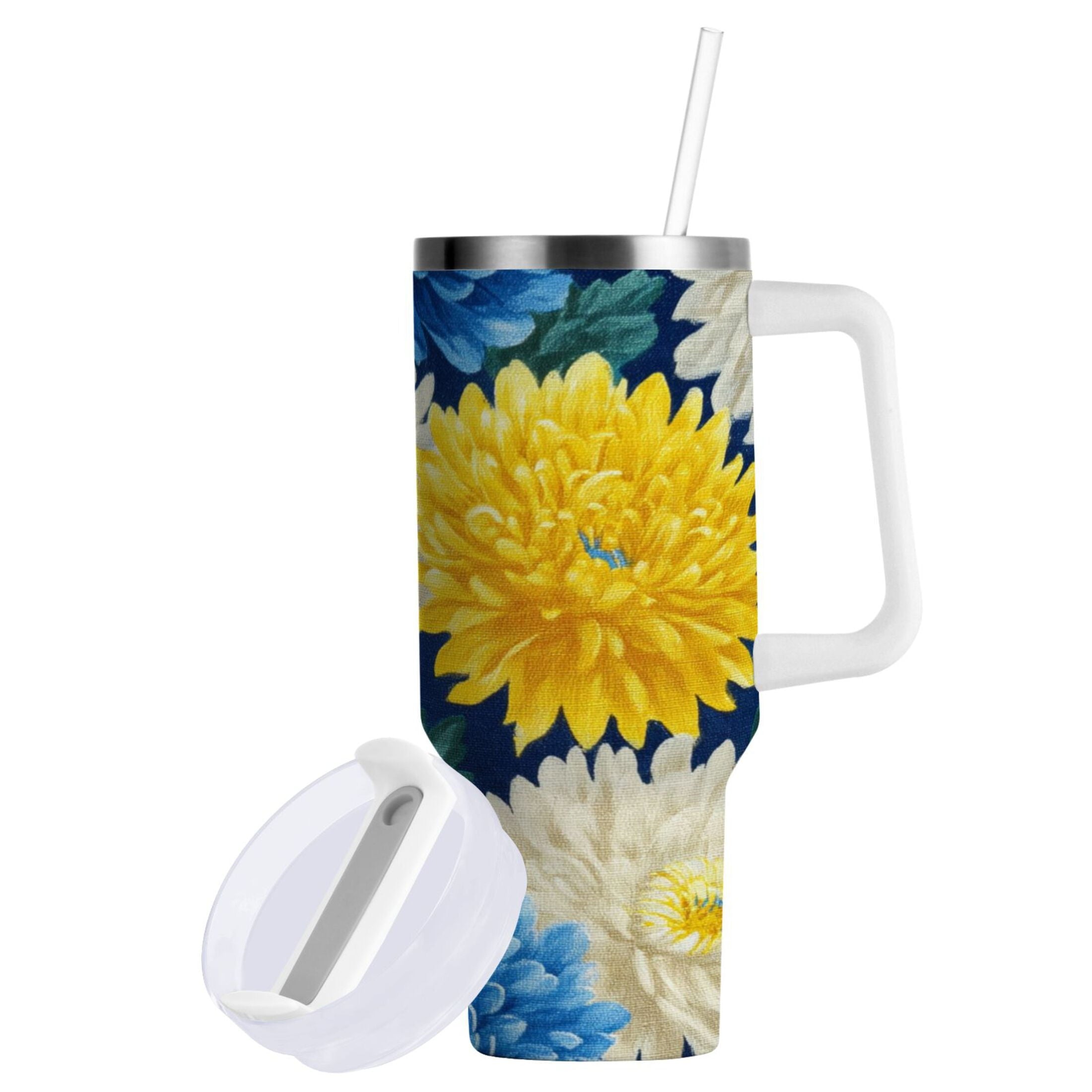 30 oz Insulated Stainless Steel Tumbler Double Wall Stainless Steel Tumbler with 2-Way Drinking Yellow and White Chrysanthemum Edition-U4C6