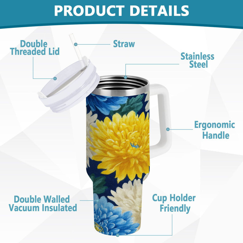 30 oz Insulated Stainless Steel Tumbler Double Wall Stainless Steel Tumbler with 2-Way Drinking Yellow and White Chrysanthemum Edition-U4C6
