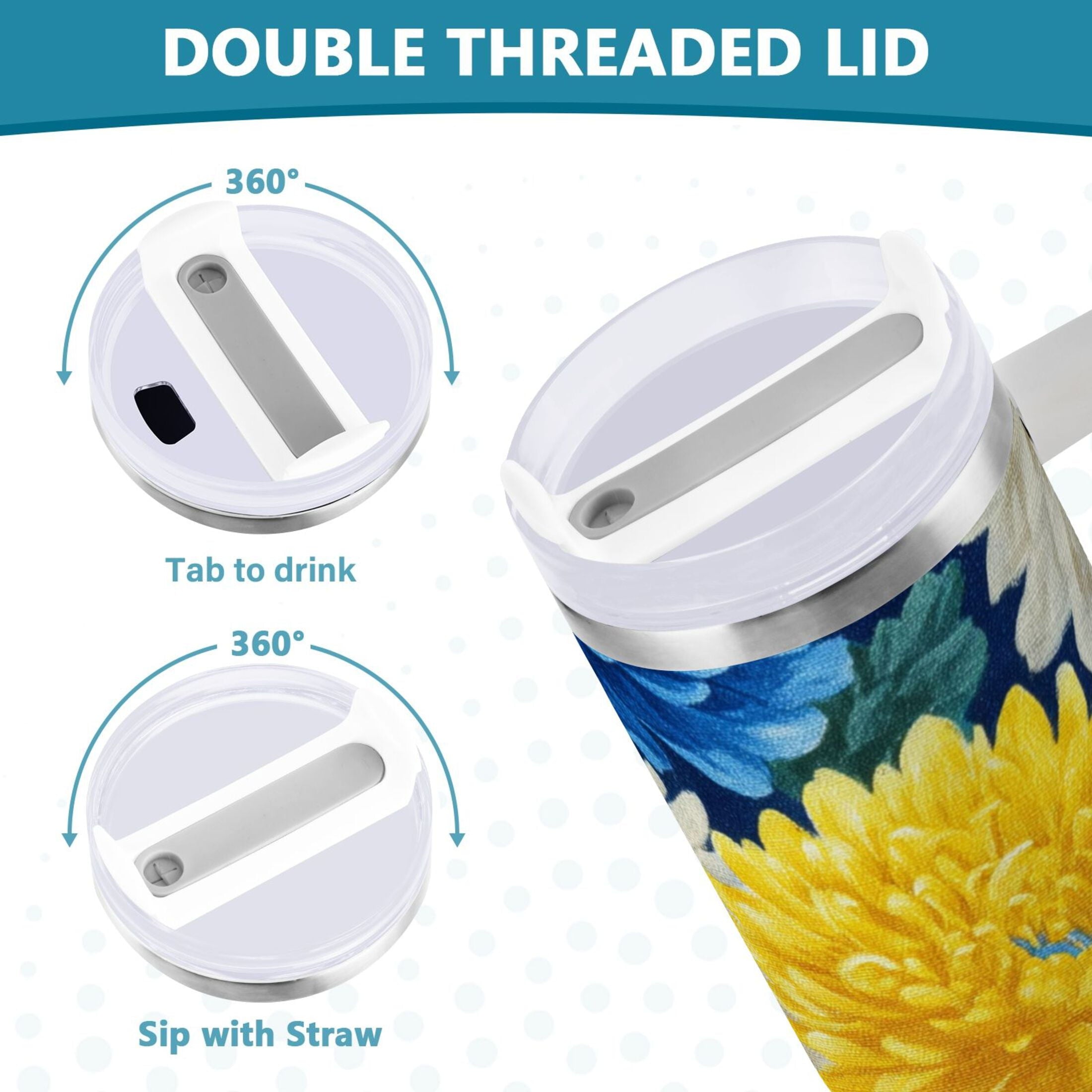 30 oz Insulated Stainless Steel Tumbler Double Wall Stainless Steel Tumbler with 2-Way Drinking Yellow and White Chrysanthemum Edition-U4C6