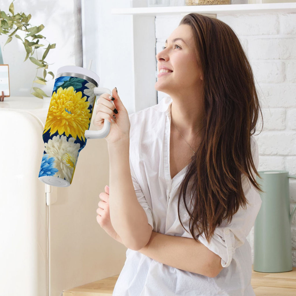 30 oz Insulated Stainless Steel Tumbler Double Wall Stainless Steel Tumbler with 2-Way Drinking Yellow and White Chrysanthemum Edition-U4C6