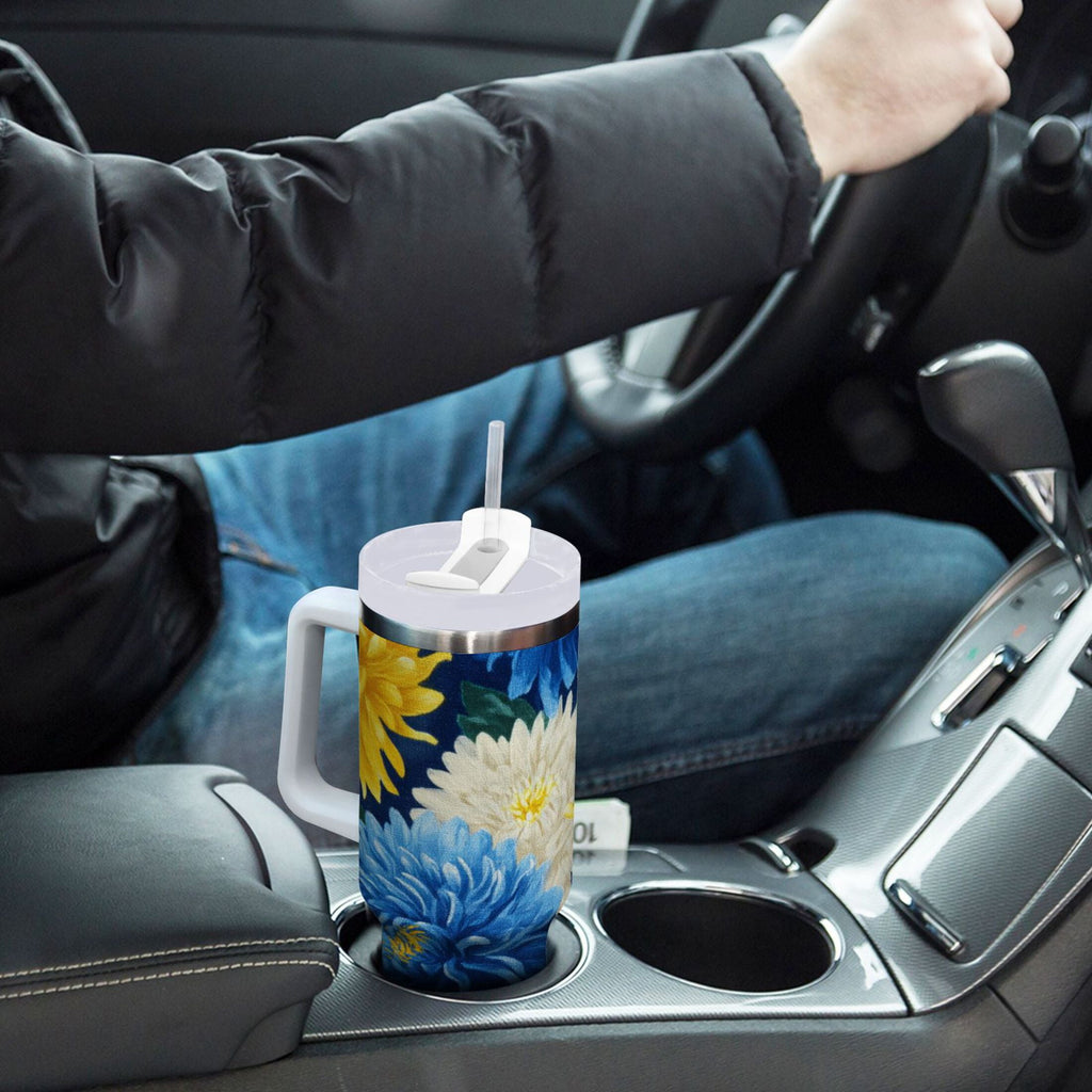 30 oz Insulated Stainless Steel Tumbler Double Wall Stainless Steel Tumbler with 2-Way Drinking Yellow and White Chrysanthemum Edition-U4C6