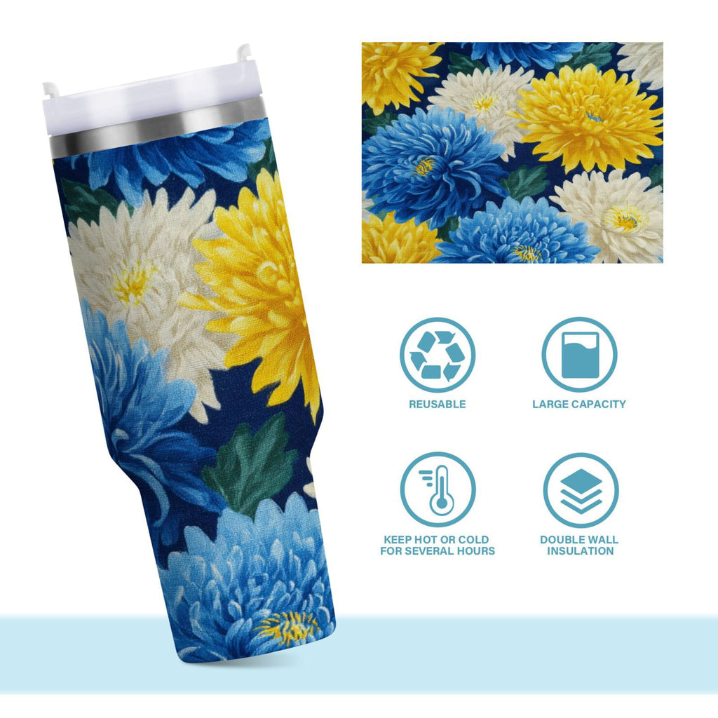 30 oz Insulated Stainless Steel Tumbler Double Wall Stainless Steel Tumbler with 2-Way Drinking Yellow and White Chrysanthemum Edition-U4C6