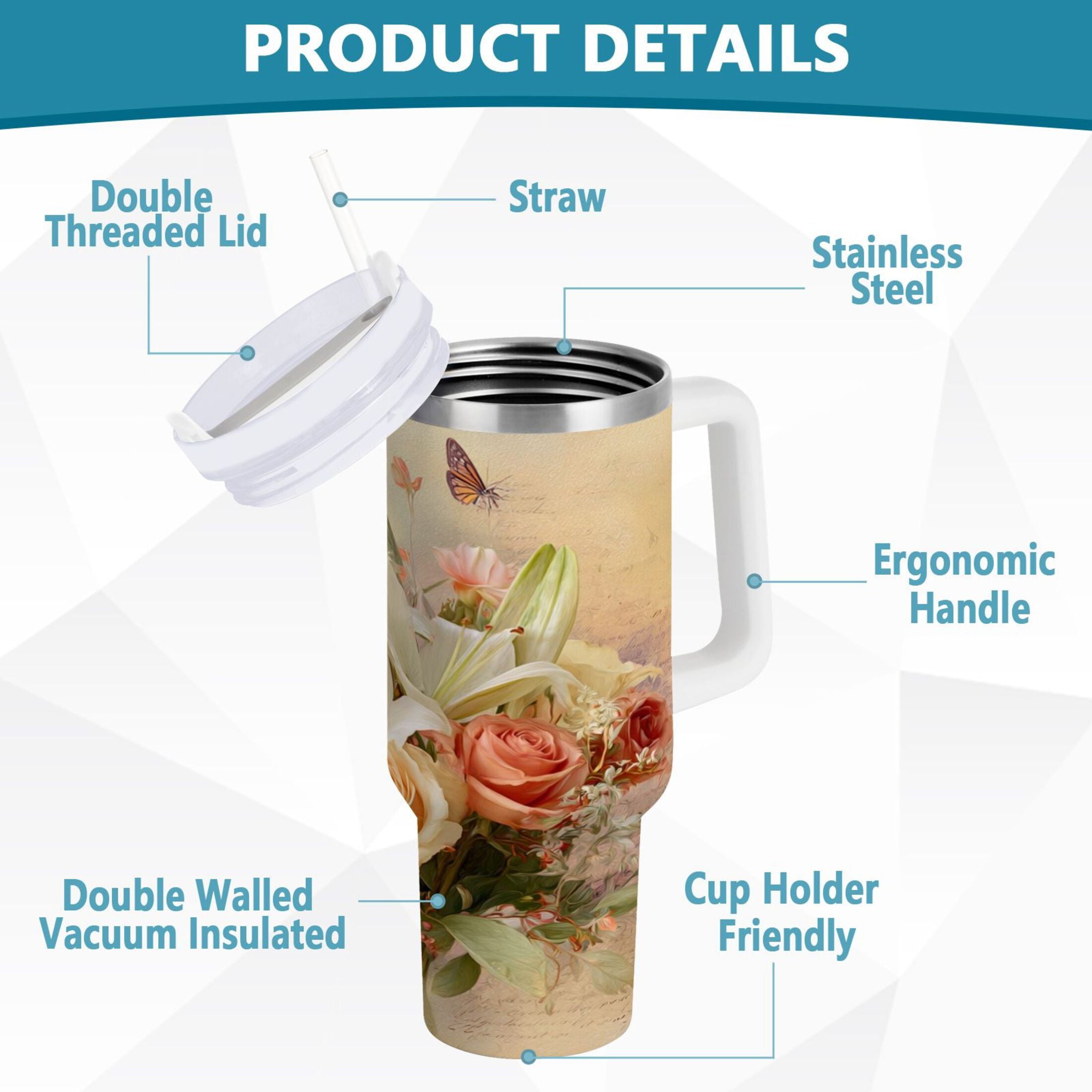 30 oz Insulated Stainless Steel Tumbler Double Wall Stainless Steel Tumbler with 2-Way Drinking Beautiful Floral Bouquet Edition-36VL