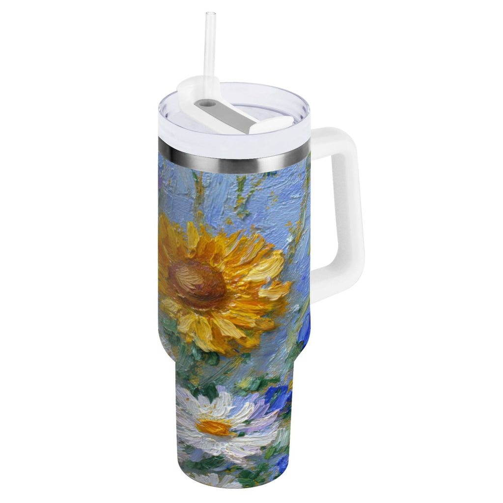 40 oz Insulated Stainless Steel Tumbler Double Wall Stainless Steel Tumbler with 2-Way Drinking Sunflowers and Daisies Edition-MQHR