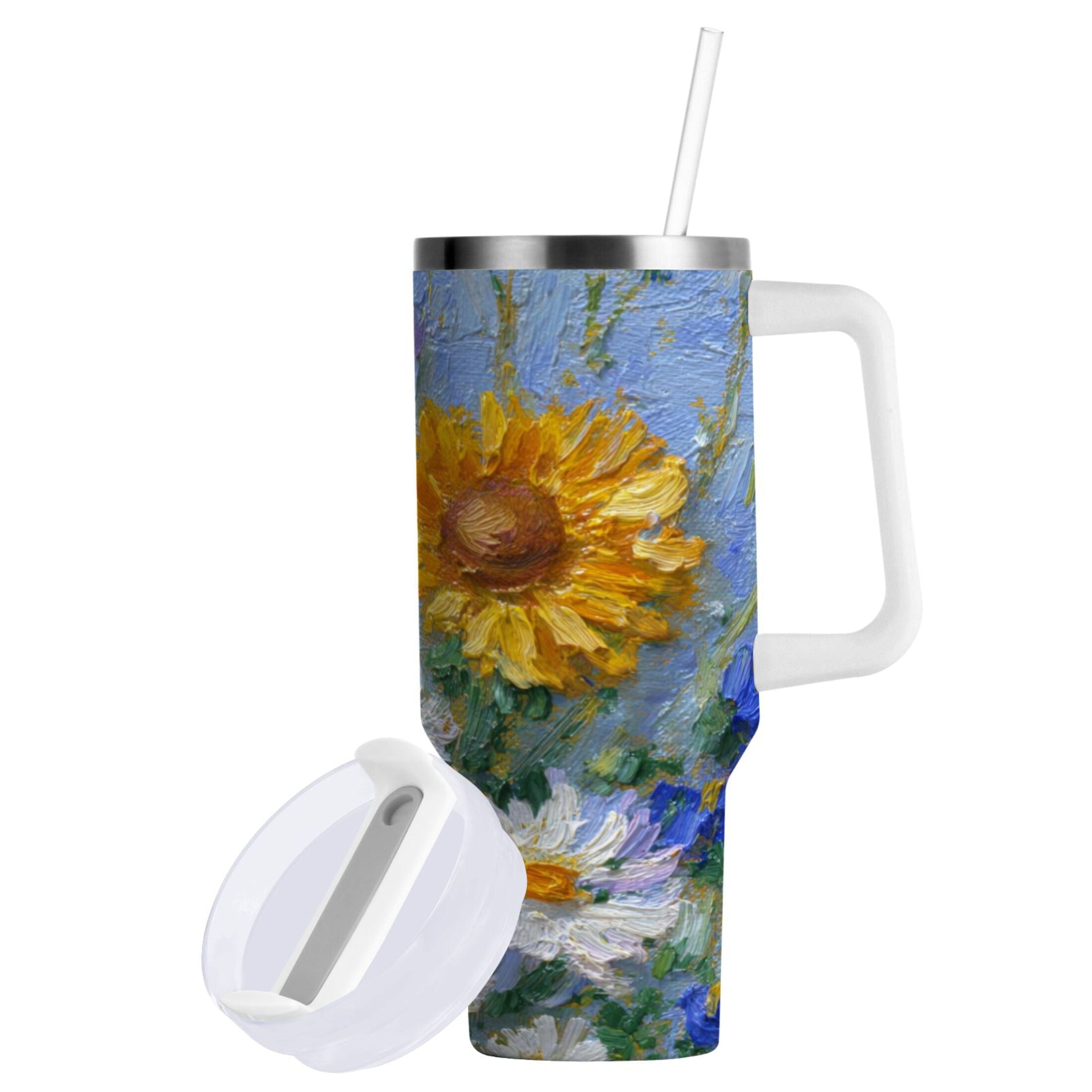 40 oz Insulated Stainless Steel Tumbler Double Wall Stainless Steel Tumbler with 2-Way Drinking Sunflowers and Daisies Edition-MQHR