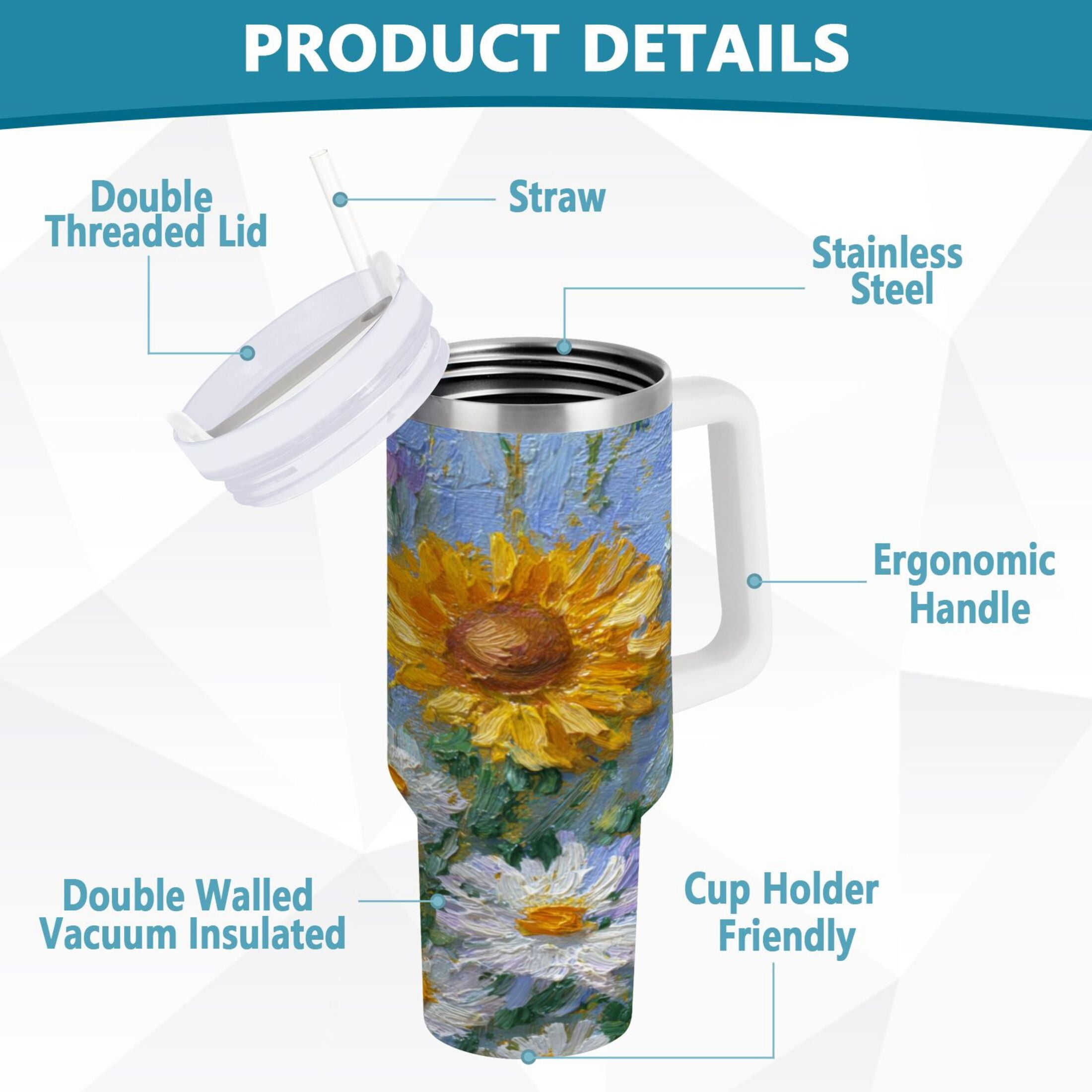 40 oz Insulated Stainless Steel Tumbler Double Wall Stainless Steel Tumbler with 2-Way Drinking Sunflowers and Daisies Edition-MQHR