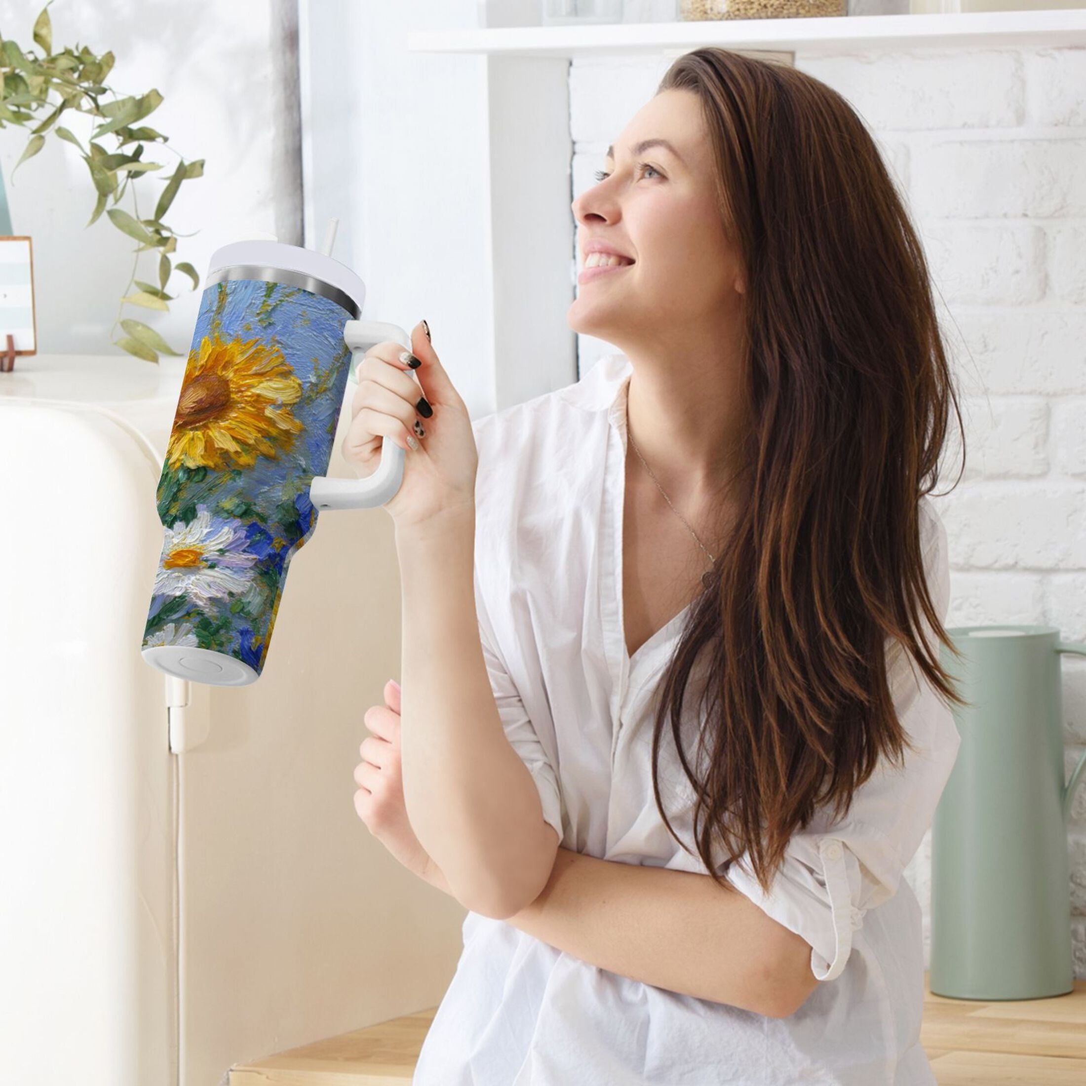 40 oz Insulated Stainless Steel Tumbler Double Wall Stainless Steel Tumbler with 2-Way Drinking Sunflowers and Daisies Edition-MQHR