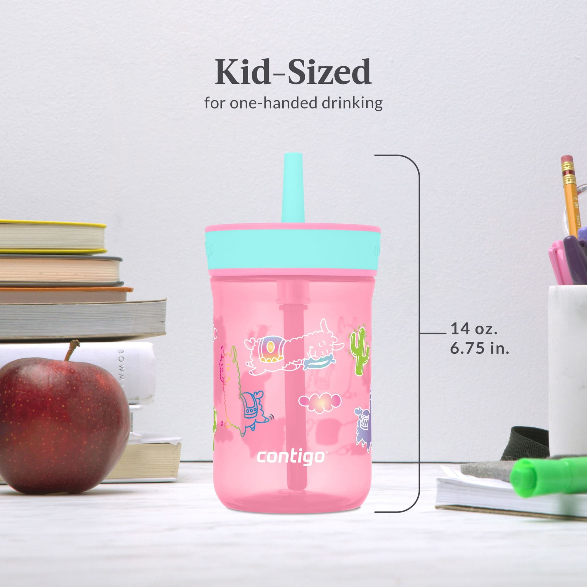 Contigo Kids Leighton Spill-Proof Tumbler with Straw, Ages 3+, Pink and Purple, 14 oz, 2 Pack Edition-BNH6