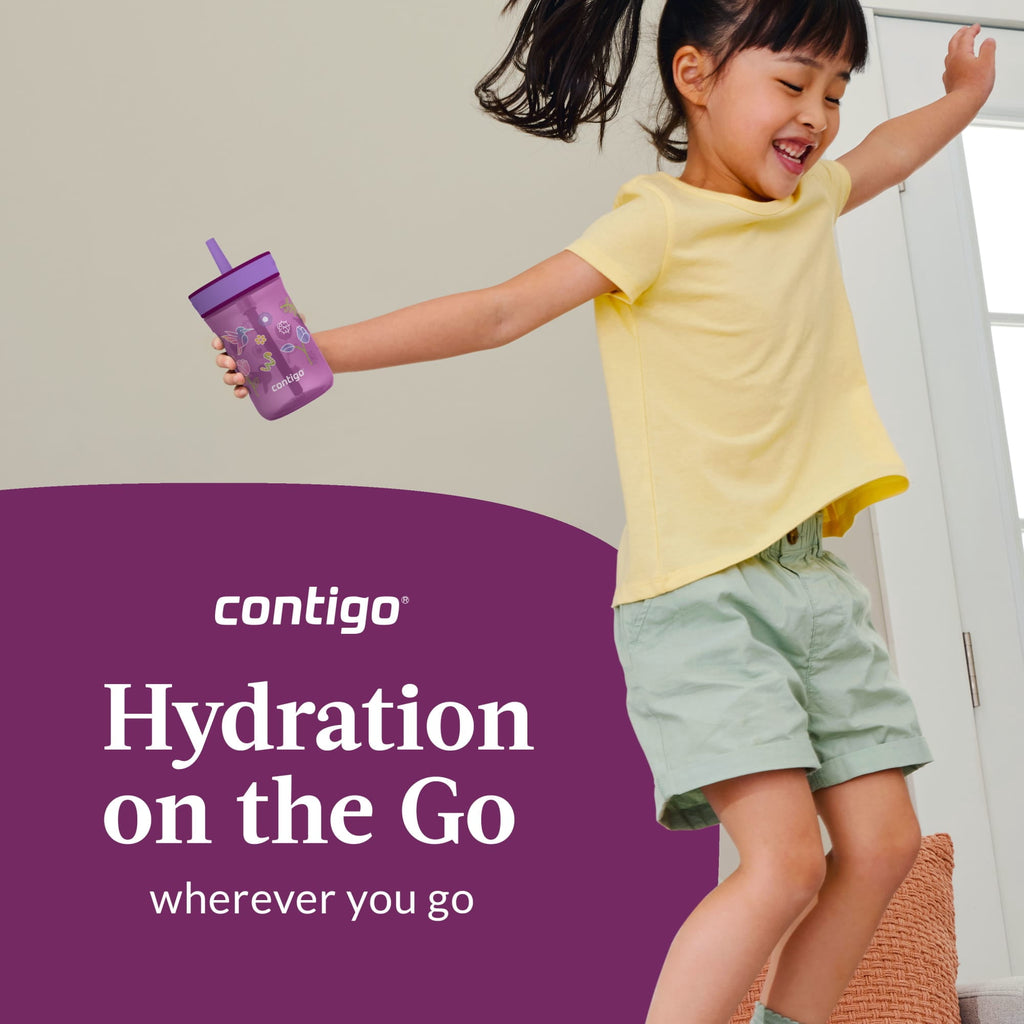 Contigo Kids Leighton Spill-Proof Tumbler with Straw, Ages 3+, Pink and Purple, 14 oz, 2 Pack Edition-BNH6