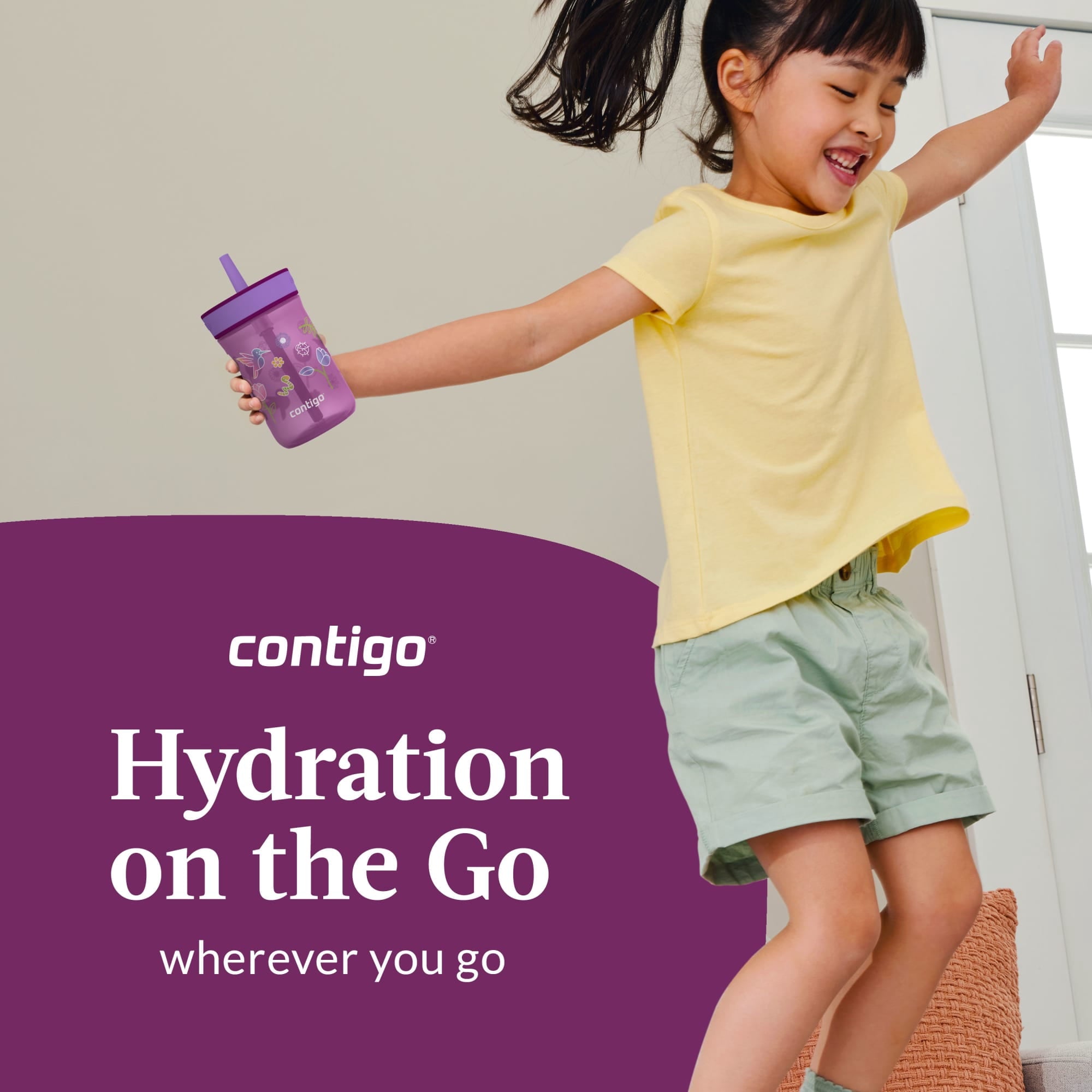 Contigo Kids Leighton Spill-Proof Tumbler with Straw, Ages 3+, Pink and Purple, 14 oz, 2 Pack Edition-BNH6