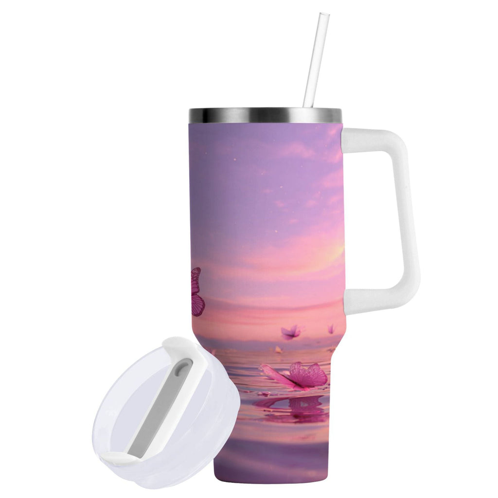 30 oz Insulated Stainless Steel Tumbler Double Wall Stainless Steel Tumbler with 2-Way Drinking Pink Butterflies Flying Edition-KAVI