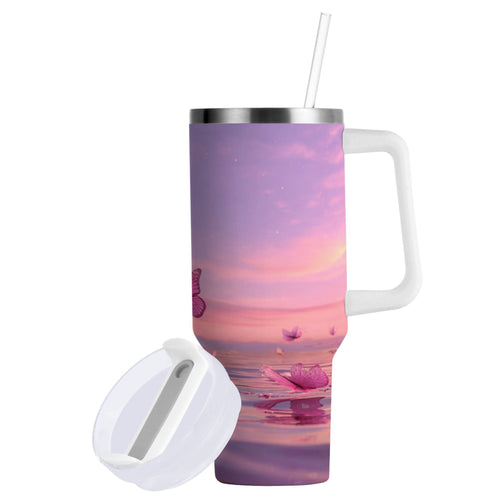 30 oz Insulated Stainless Steel Tumbler Double Wall Stainless Steel Tumbler with 2-Way Drinking Pink Butterflies Flying Edition-KAVI