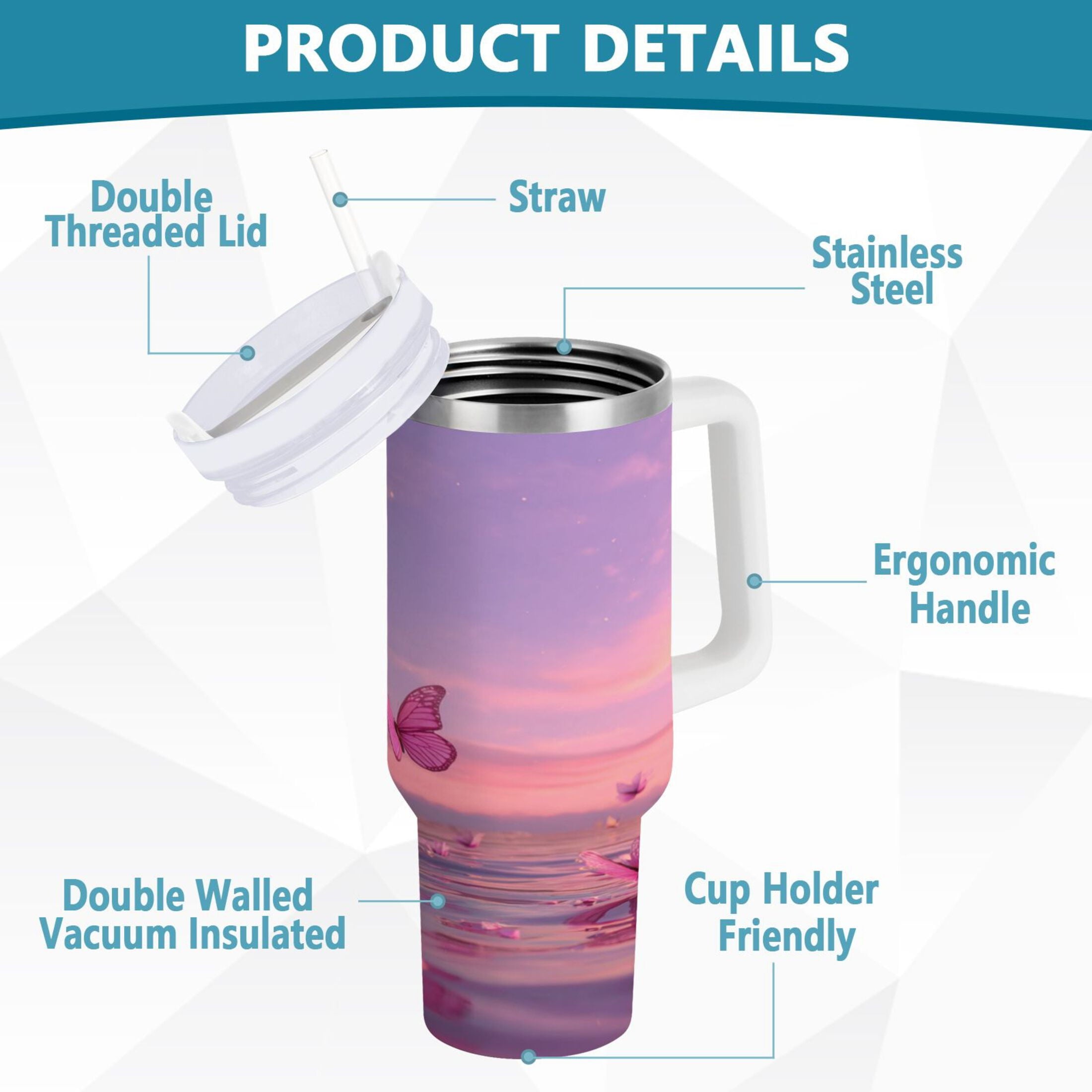 30 oz Insulated Stainless Steel Tumbler Double Wall Stainless Steel Tumbler with 2-Way Drinking Pink Butterflies Flying Edition-KAVI