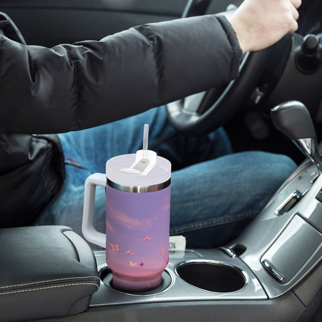 30 oz Insulated Stainless Steel Tumbler Double Wall Stainless Steel Tumbler with 2-Way Drinking Pink Butterflies Flying Edition-KAVI