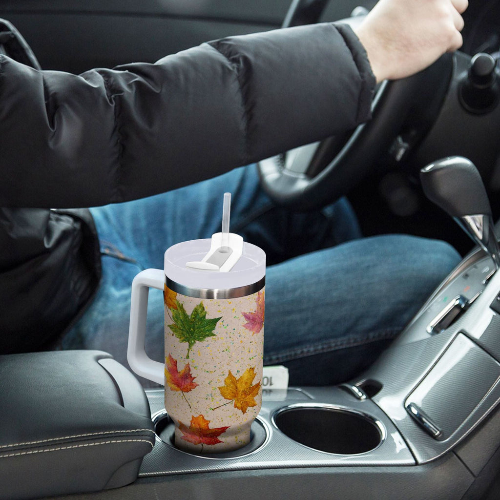 40 oz Insulated Stainless Steel Tumbler Double Wall Stainless Steel Tumbler with 2-Way Drinking Colored Autumn Leaves Edition-WQT3