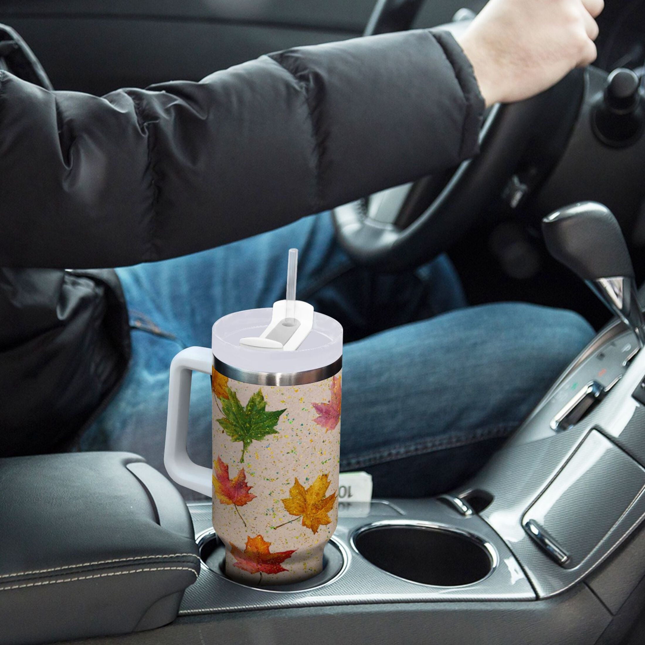 40 oz Insulated Stainless Steel Tumbler Double Wall Stainless Steel Tumbler with 2-Way Drinking Colored Autumn Leaves Edition-WQT3